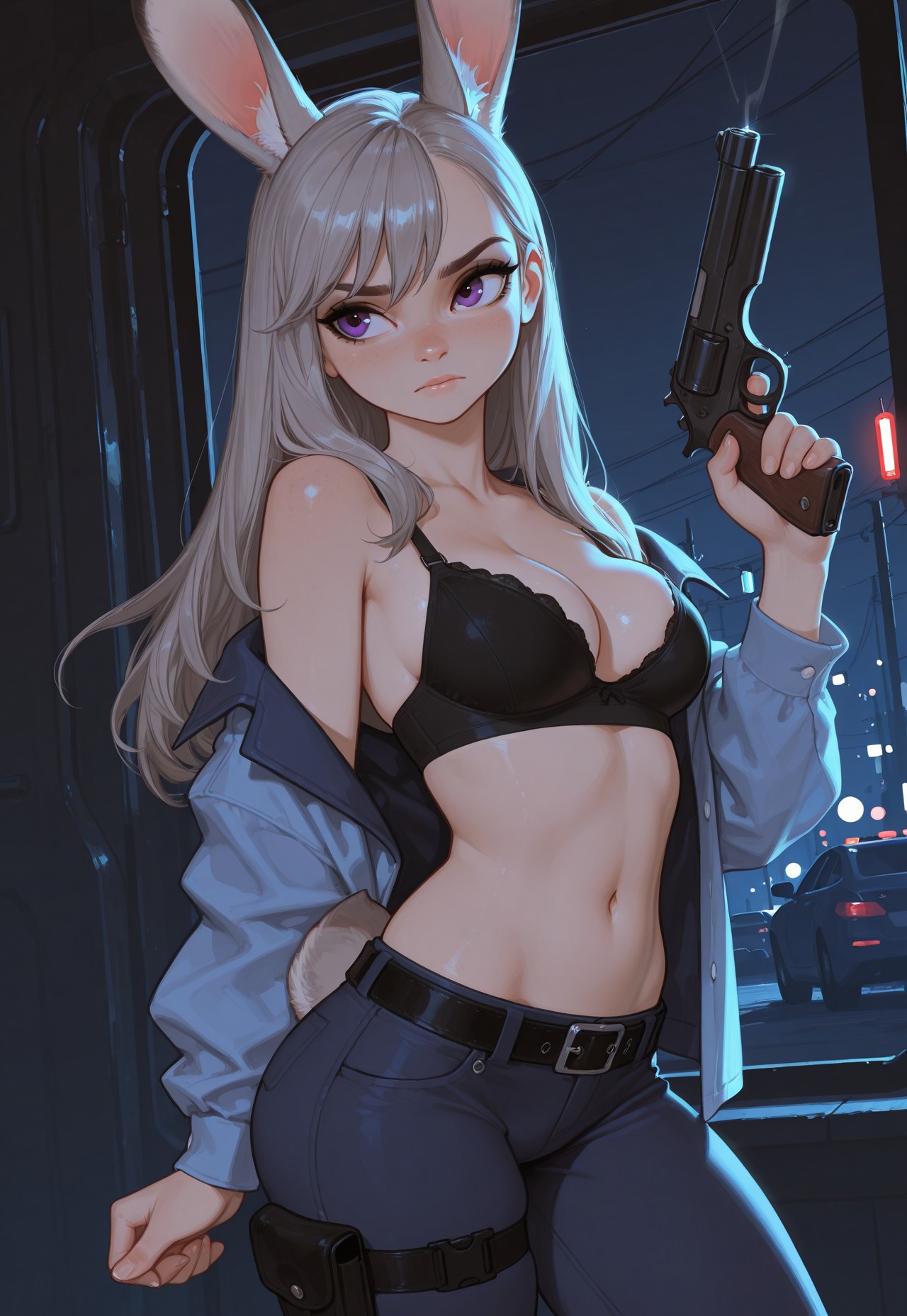 1girls, ai generated, animal humanoid, anthro, bra, disney, female, firearm, green hair, grey hair, gun, humanization, humanized, humanoid, judy hopps, long hair, meat master, medium breasts, navel, open shirt, petite, pistol, police, police uniform, policewoman, purple eyes, rabbit ears, rabbit humanoid, rabbit tail, small breasts, smoking gun, weapon, zootopia