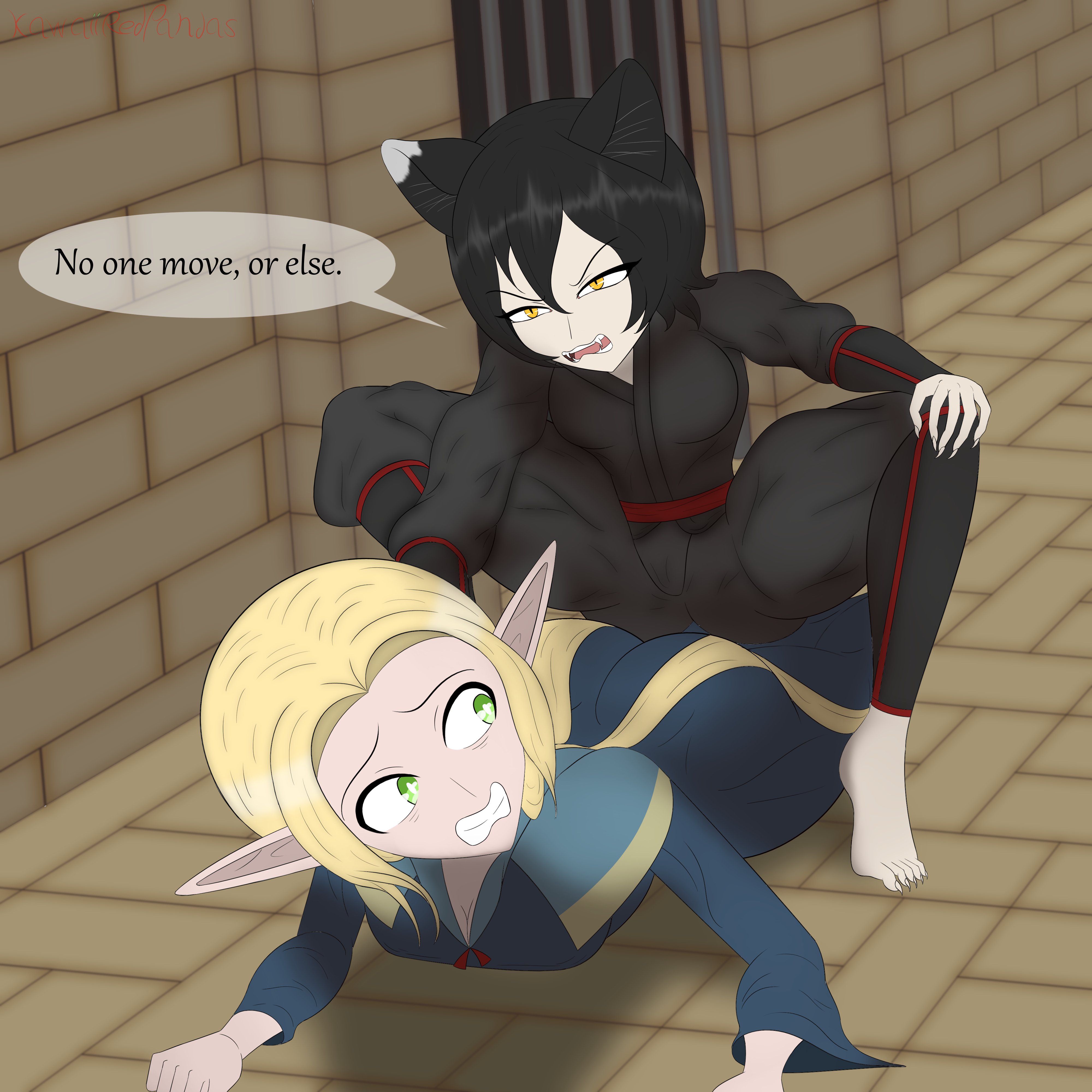 2girls, ass, barefoot, black hair, blonde female, blonde hair, breasts, cat ears, cat girl, catgirl, claws, cleavage, dungeon, dungeon meshi, elf, elf ears, elf female, fangs, fantasy, female, femdom, green eyes, gritted teeth, holding down, hostage, izutsumi, kawaiiredpandas, large ass, laying on stomach, marcille donato, medium breasts, ninja, robes, scared, squatting, stone floor, stone wall, thick thighs, threatening, yellow eyes