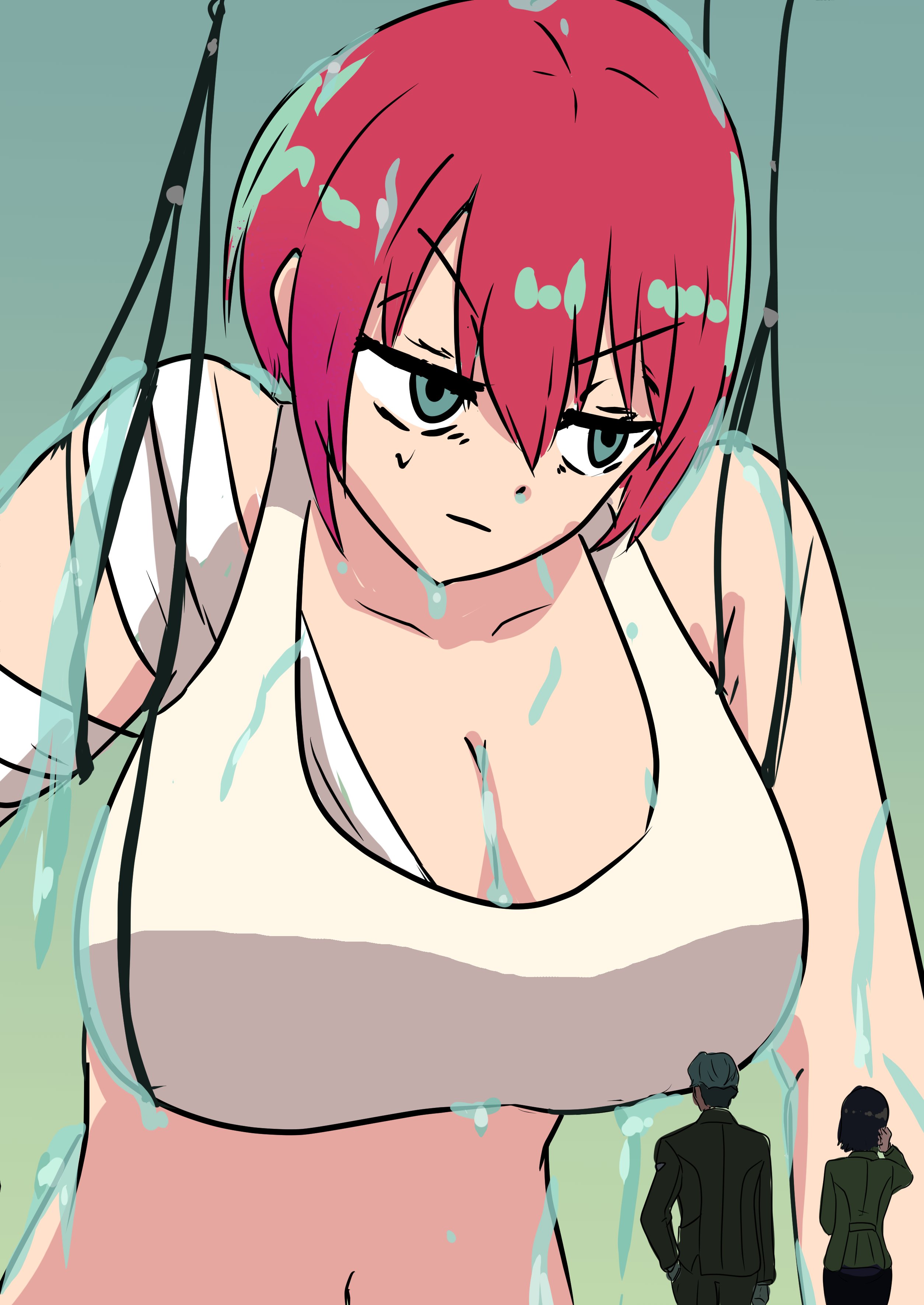 1boy, 2d, 2d (artwork), 2girls, amate yuzuriha, annoyed, annoyed expression, ass, big breasts, bigger female, breasts, champchidi, clothed, clothed female, extreme size difference, fat ass, female, female focus, giant female, giant woman, giantess, green eyes, gtsyear, gundam, gundam gquuuuuux, height difference, huge boobs, huge breasts, large boobs, large breasts, larger female, light skin, light-skinned female, macro, macro female, macrophilia, male, midriff, navel, red hair, red-haired female, redhead female, short hair, shorter female, shorter male, size difference, smaller female, thick thighs, thighs, tummy, wet, wet body