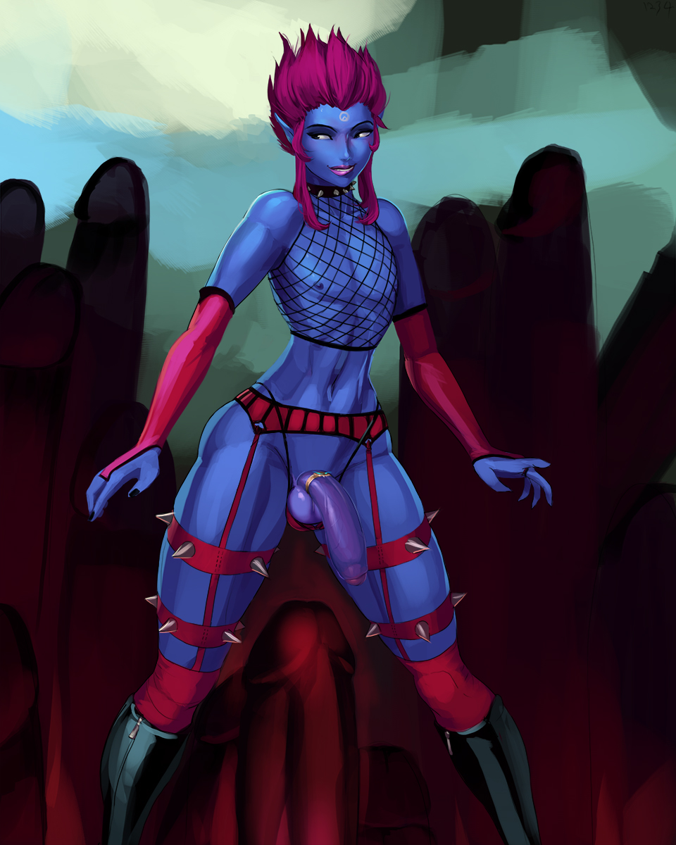 1boy, aka6, balls, blue skin, cock ring, crossdressing, evelynn, femboy, fishnets, flaccid, flaccid penis, flat chest, foreskin, girly, league of legends, lingerie, male, male only, penis, red hair, rule 63, spike, testicles, trap, uncircumcised