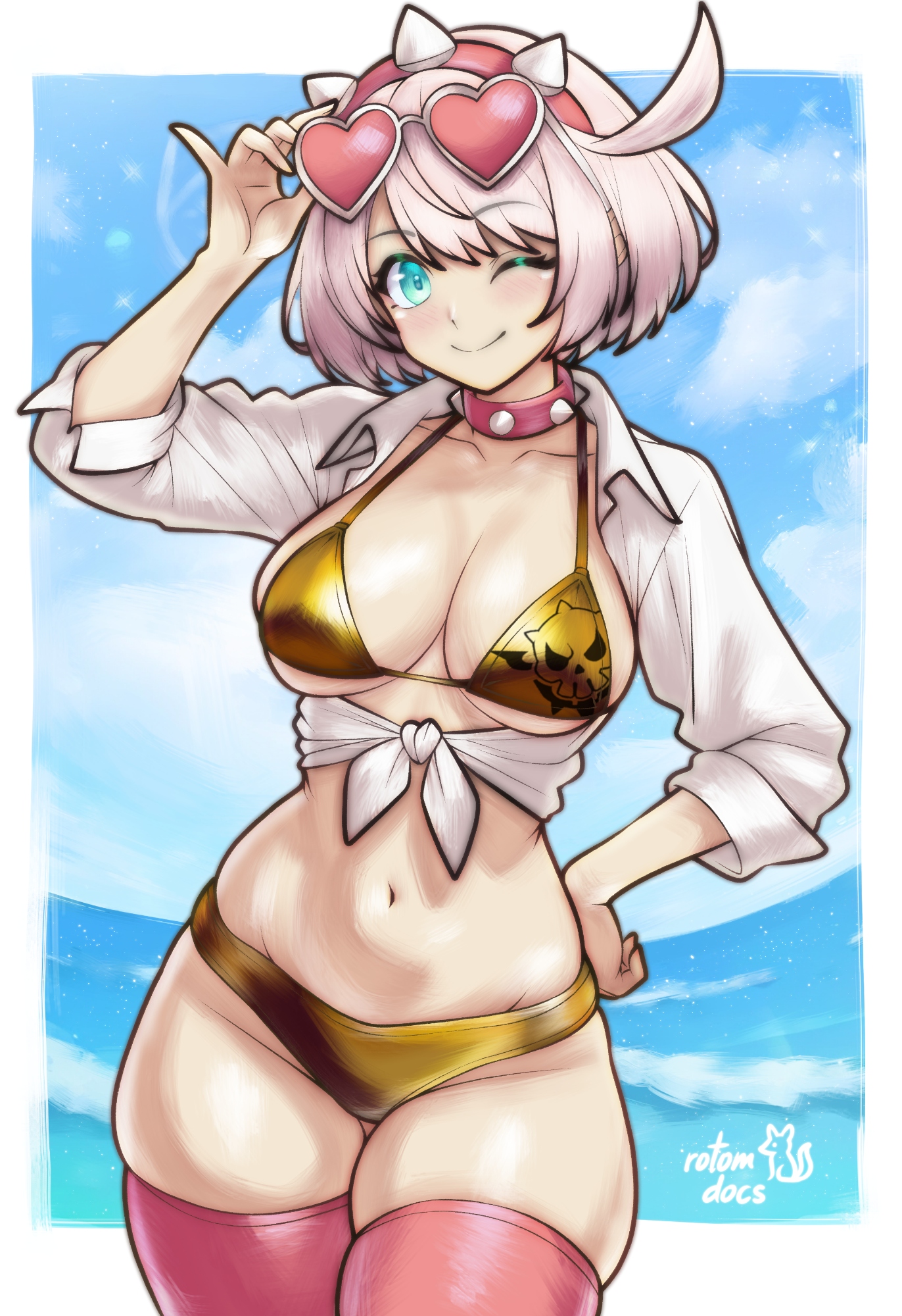 1girls, adjusting eyewear, aqua eyes, artist logo, artist name, bikini, blush, breasts, cleavage, closed mouth, collar, commission, elphelt valentine, eyebrows hidden by hair, eyewear on head, female, female only, gold bikini, groin, guilty gear, guilty gear strive, hand on own hip, heart, heart-shaped eyewear, highres, large breasts, logo, looking at viewer, navel, ocean, one eye closed, pink collar, pink hair, pink thighhighs, pink-tinted eyewear, rotomdocs, shirt, short hair, smile, solo, spiked collar, spikes, stomach, swimsuit, thighhighs, tinted eyewear, white shirt
