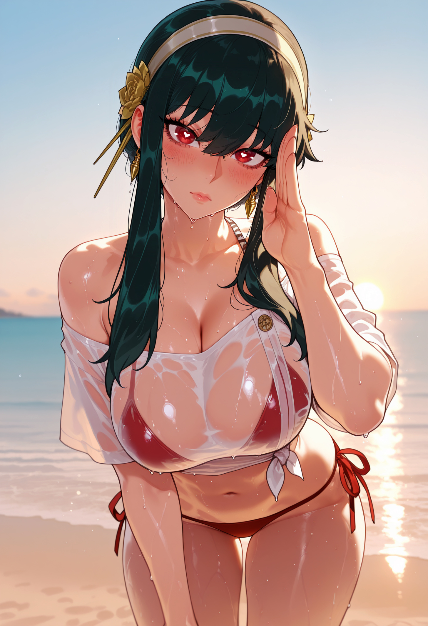 1girls, ai generated, balecxi, bangs, bare shoulders, beach, bikini, bikini under clothes, black hair, blush, breasts, bright pupils, clavicle, cleavage, closed mouth, clothing, collarbone, curvaceous, curvaceous female, curvaceous figure, curvy, curvy figure, earrings, evening, female, female focus, female only, flower, gold earrings, gold hairband, gradient sky, hair ornament, hairband, halterneck, hand up, heart-shaped pupils, inviting, inviting to sex, jewelry, large breasts, leaning forward, lips, long hair, looking at viewer, navel, no pants, ocean, off shoulder, off-shoulder shirt, outdoors, presenting, presenting ass, presenting breasts, presenting hindquarters, presenting self, red bikini, red eyes, salute, sand, seductive, seductive look, seductive smile, see-through, see-through shirt, shirt, shore, short sleeves, side-tie bikini bottom, sidelocks, sky, solo, spy x family, stomach, sun, sunset, swimsuit, symbol-shaped pupils, t-shirt, thigh gap, thighs, tied shirt, voluptuous, voluptuous female, water, wet, wet clothes, wet shirt, white hairband, white shirt, yor briar, yor forger