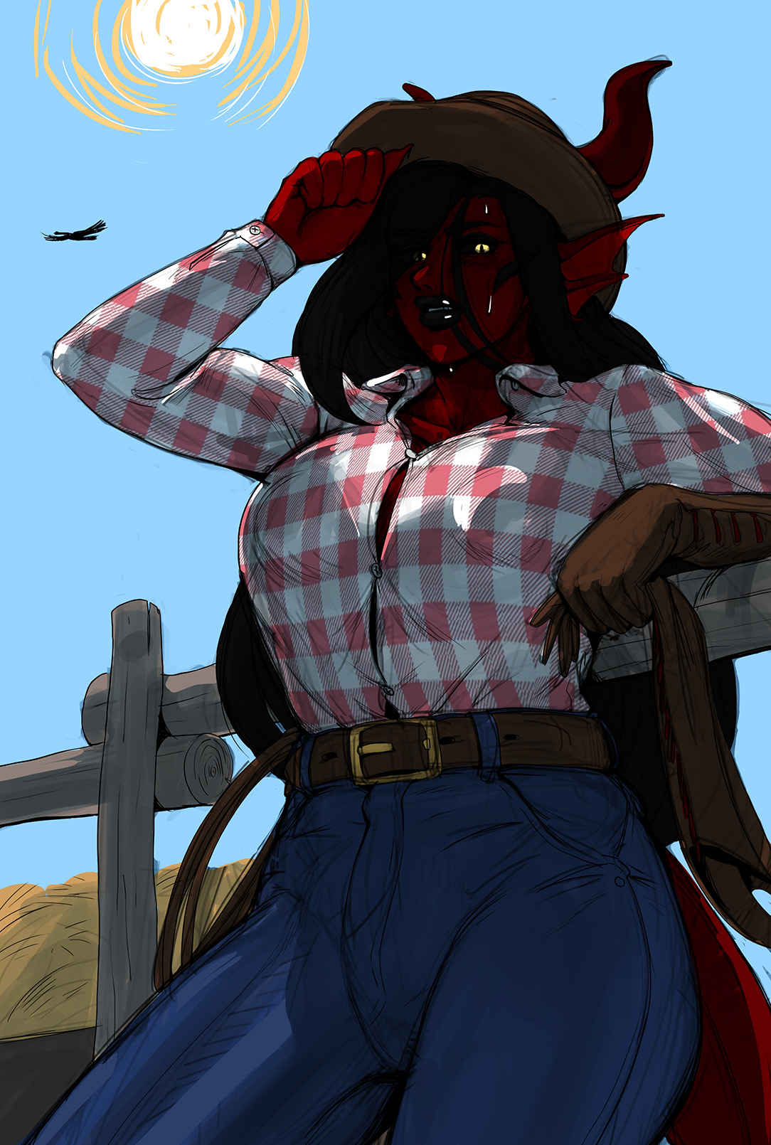 anonarts, bulge down leg, bulge through clothing, bulge under clothes, clothed, clothing, corruption of champions, corruption of champions 2, corruption of champions ii, cowgirl, cowgirl outfit, demon, demon futa, fully clothed, futanari, gloves, gorgeous, intersex, kasyrra, looking at viewer, no bra, no panties, red body