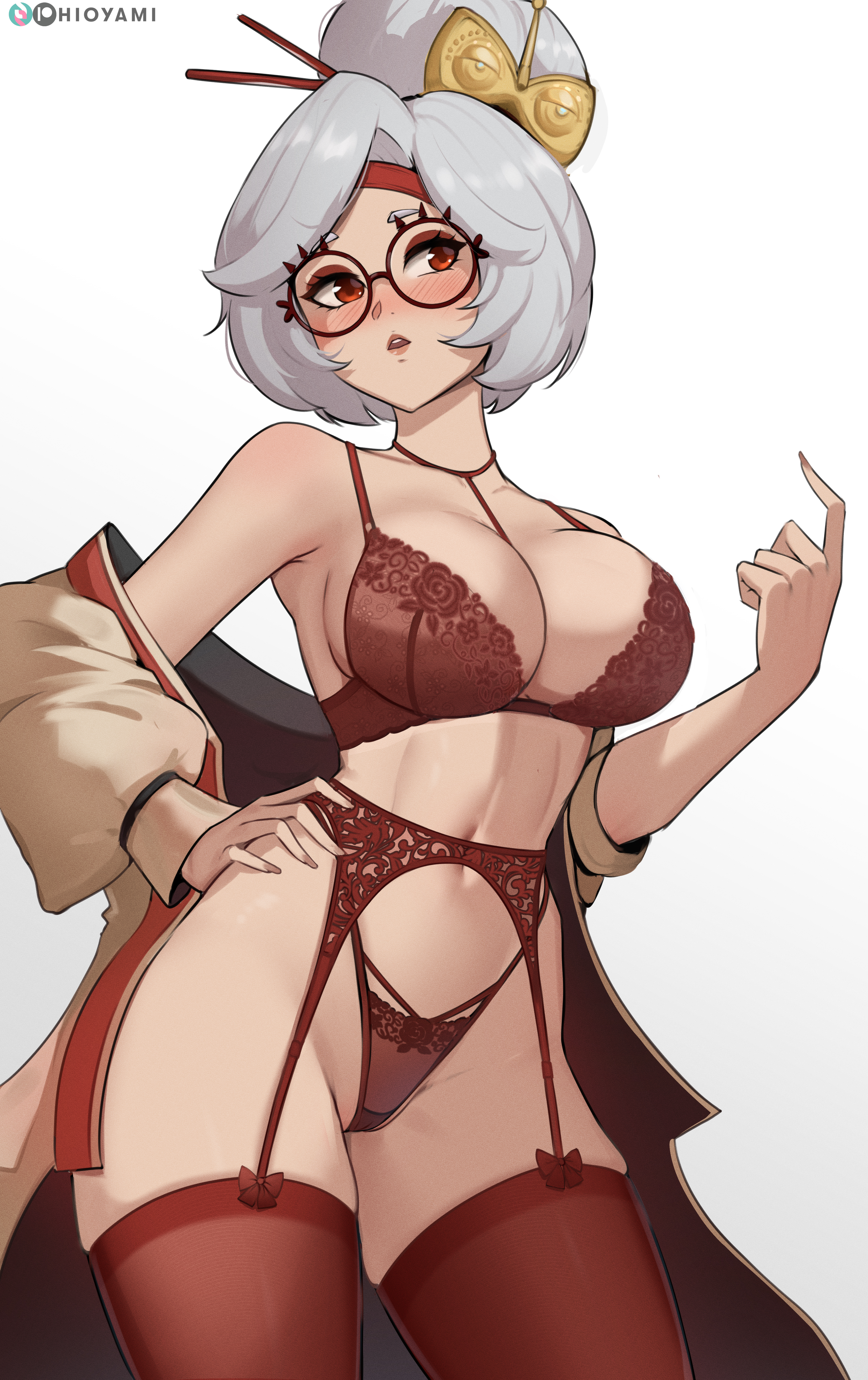 1girls, beige jacket, big breasts, blush, blush lines, blushing, blushing at viewer, blushing female, bra, breasts, curvaceous, curvy, curvy female, female, female focus, female only, glasses, hair bun, hair ornament, headband, hi res, highres, hioyami, huge breasts, jacket, jacket open, large breasts, light skin, light-skinned female, lingerie, long hair, nintendo, purah, red bra, red lingerie, red panties, red thong, red tights, slim waist, solo, solo female, solo focus, the legend of zelda, thick thighs, thighs, thin, thin female, thin waist, tights, white hair, wide hips