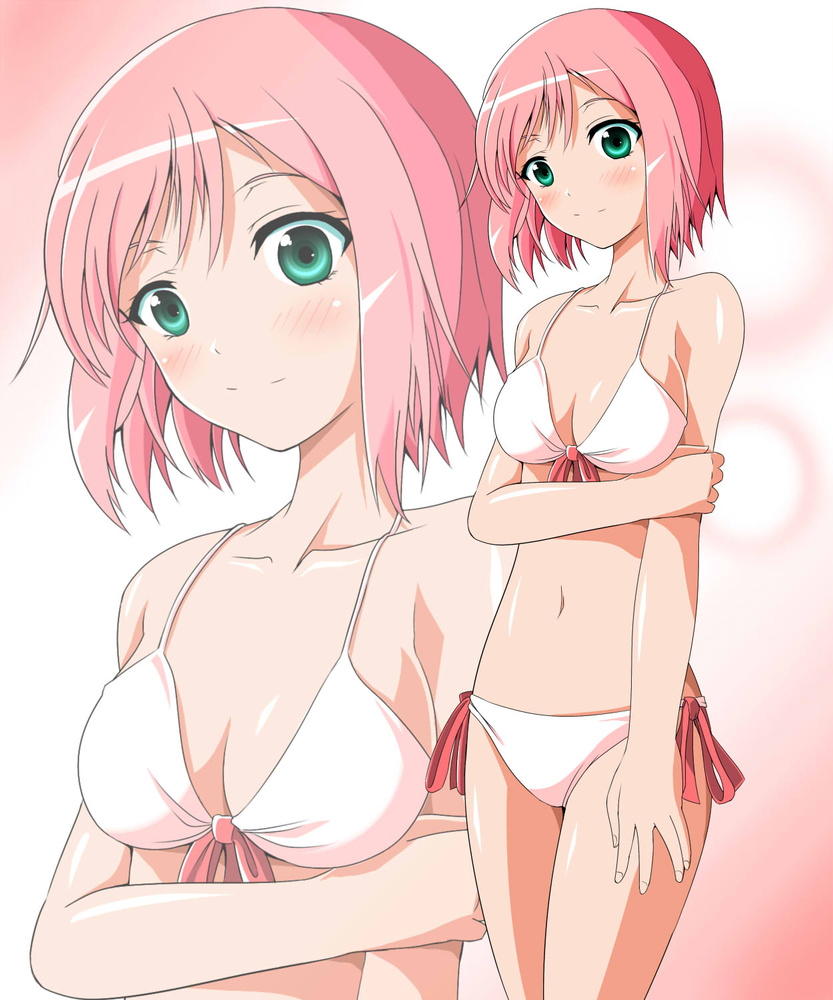 bikini estellise_sidos_heurassein female green_eyes highres kayama_kenji pink_background pink_hair red_hair reki_48 short_hair solo standing swimsuit tales_of_(series) tales_of_vesperia white_bikini white_swimsuit zoom_layer