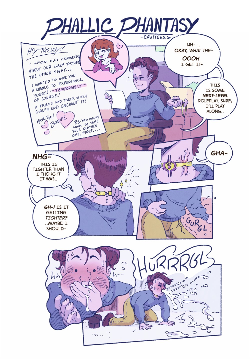 cavitees, choker, clothing, cock transformation, comic, comic page, human, male, onomatopoeia, pale skin, penis, penis transformation, text, transformation, werecock
