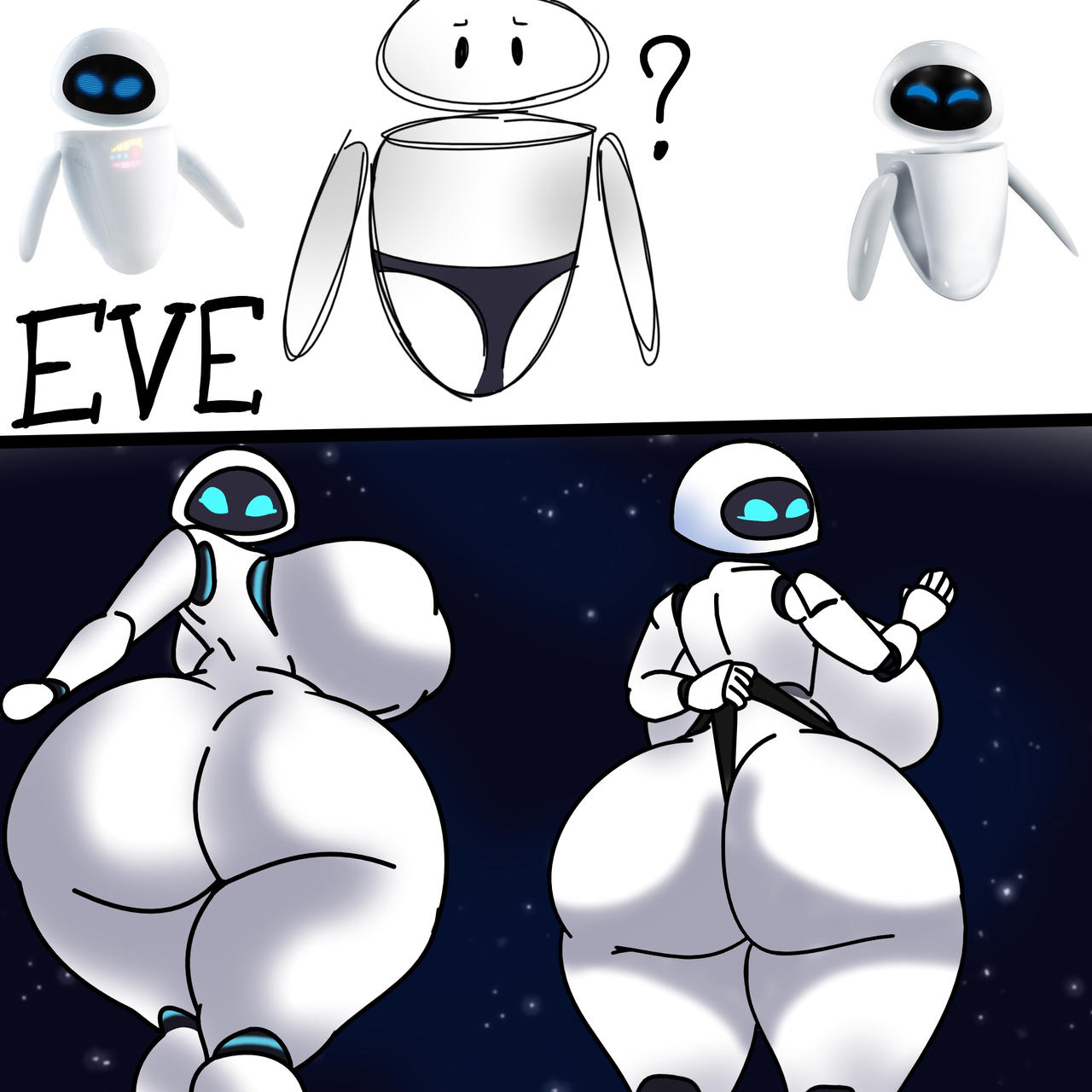 1girls, 2d, 2d (artwork), ai generated, amused, anthro, ass, back view, big ass, big breasts, big butt, big female, blue eyes, breasts, disney, eve (wall-e), female, female only, front view, hi res, huge ass, huge breasts, huge butt, huge thighs, humanoid, machine, metal, navel, nipples, nude, panties, pixar, robot, robot girl, robot humanoid, screen, screen face, shaded, signature, solo, space, tall female, thick, thick thighs, thigh highs, thunder thighs, venus body, voluptuous, wall-e, white body, wide hips