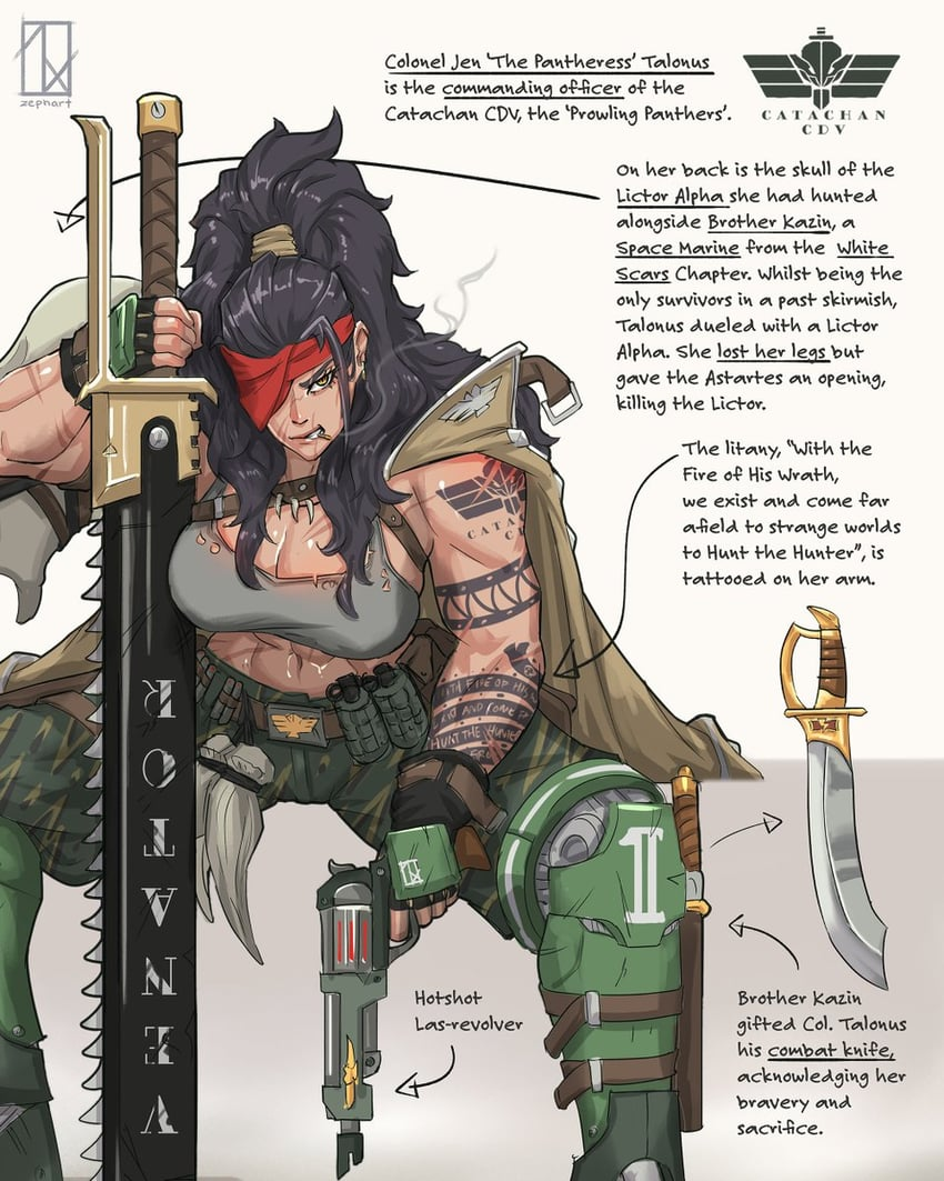 abs arm_tattoo armor artist_logo artist_name astra_militarum black_hair blonde_hair breasts camouflage camouflage_pants catachan_jungle_fighter chainsword charm_(object) cigarette coat explosive eyepatch female fingerless_gloves gloves greaves grenade gun handgun highres knife large_breasts logo long_hair muscular muscular_female oerba_yun_fang pants pauldrons ponytail prosthesis prosthetic_leg revolver scar scar_on_arm scar_on_face shoulder_armor shoulder_tattoo single_pauldron sitting skull smile smoking solo tank_top tattoo thick_thighs thighs warhammer_40k weapon zephart