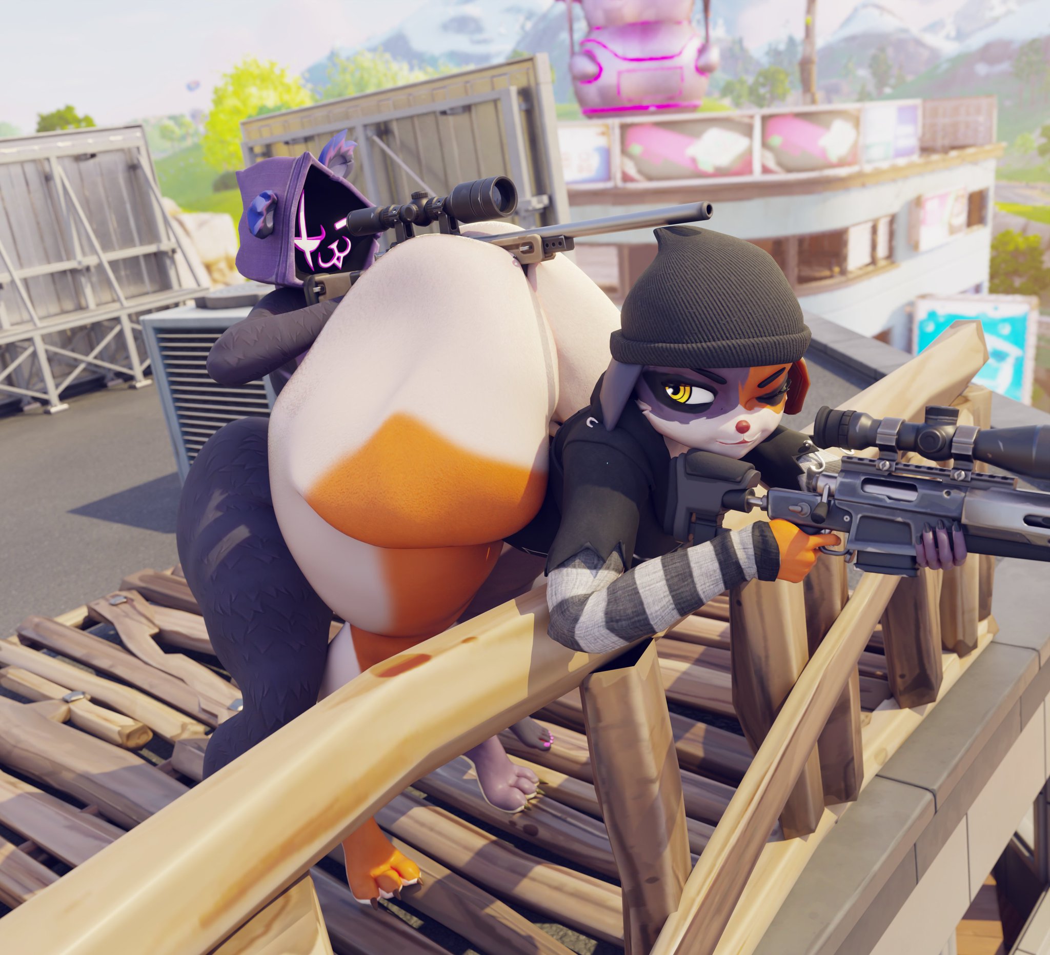 2girls, anthro, ass, ass hold, bear, bear ass, bear girl, booty, booty too big, bottom, bottomless female, calico cat, calico cat humanoid, calico pattern, cat ears, cat girl, clapping cheeks, ctgiantess, fat ass, fat butt, feline, female, fortnite, fortnite: battle royale, meow skulls (fortnite), plump, plump ass, purple, purple hair, raven team leader, sniper, sniper rifle