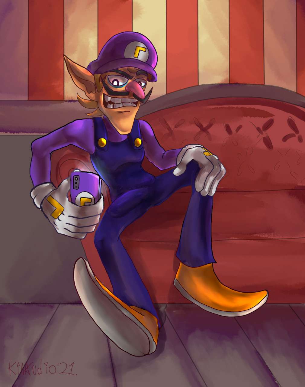 1boy anthro blue_overalls boner brown_hair clothing couch erection facial_hair gloves grin hat holding_phone indoors killaudio21 legs_apart looking_at_phone male male_only mammal mario_(series) moustache nintendo overalls phone purple_hat purple_phone purple_shirt shoes sitting sitting_on_couch solo solo_male teeth teeth_showing waluigi white_gloves