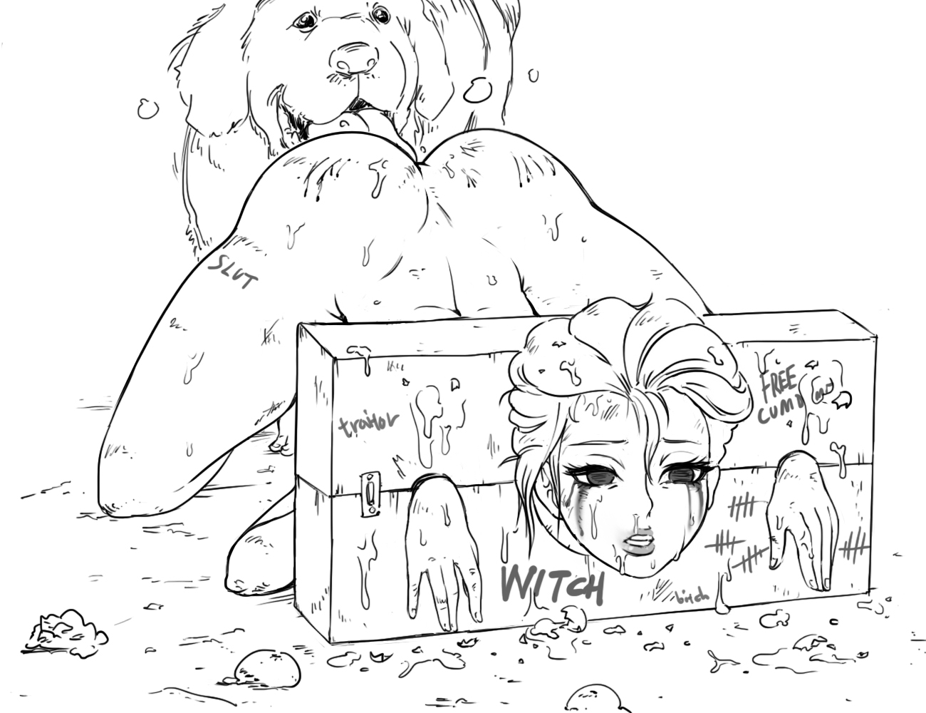 1girls, after rape, after sex, ass, bestiality, blonde hair, bondage, bound, canine, crying, cum, cum on body, cum on face, cum on hair, disney, elsa (frozen), facial, female, female only, forced, frozen (film), greyscale, humiliation, imminent rape, kneeling, mammal, monochrome, nude, public use, queen, reverse forced oral, runny makeup, slade (artist), slave, solo, tears, top-down bottom-up, used