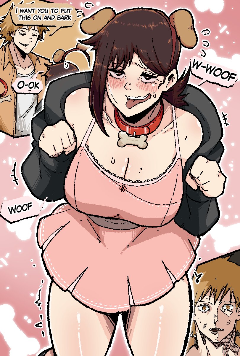 1boy, 1girls, blonde hair, blonde-haired male, breasts, brown hair, brown-haired female, chainsaw man, collar, cyberpunk: edgerunners reference, denji (chainsaw man), dog collar, dog ears, dress, english text, female, female focus, femsub, higashiyama kobeni, kobeni higashiyama, large breasts, light skin, light-skinned female, looking at viewer, male, mark gavatino, petplay, text, thick thighs, thighs