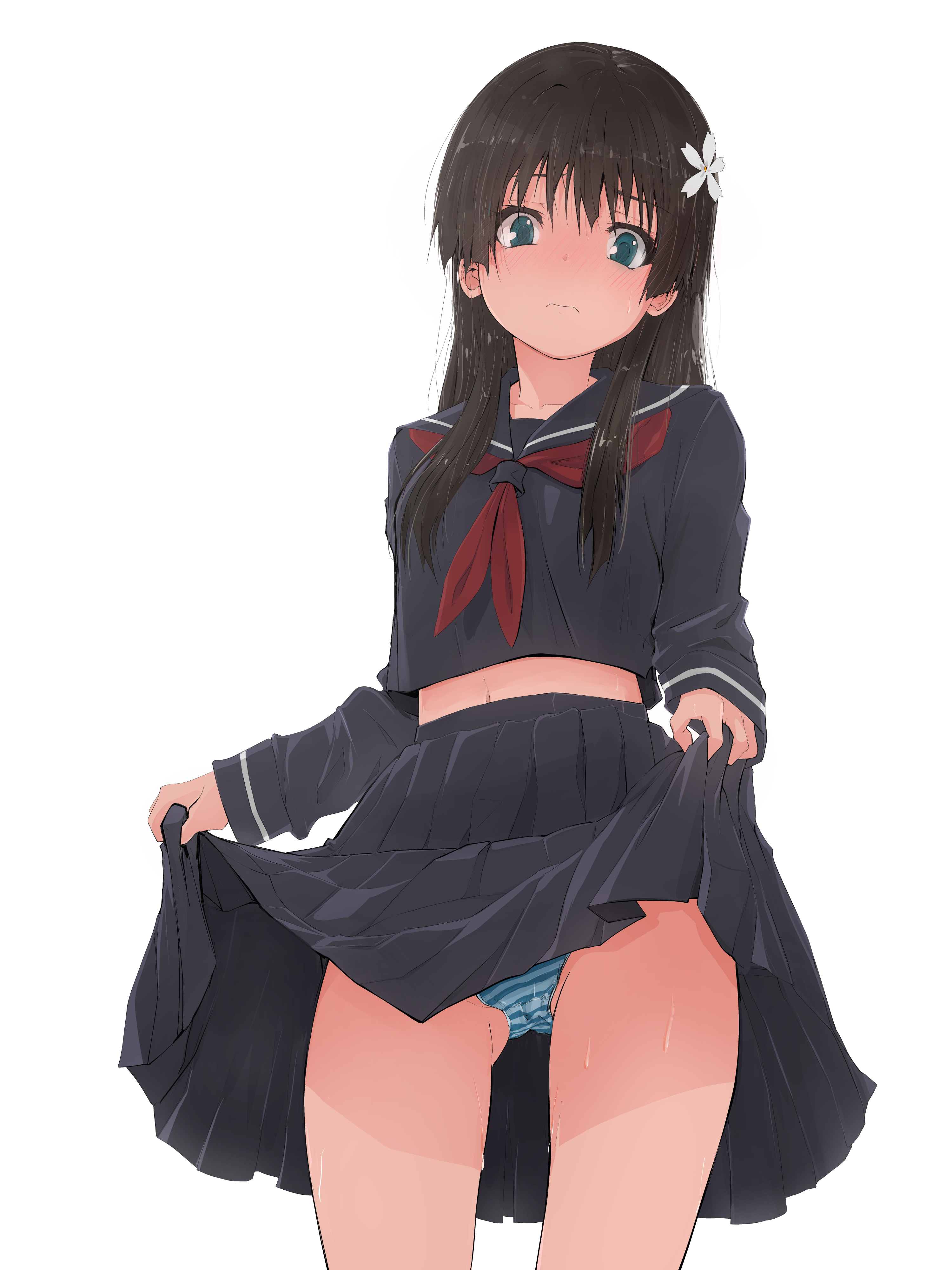 1girls, 2020s, 2024, absurd res, black hair, black sailor collar, black serafuku, black shirt, black skirt, blue eyes, blue panties, closed mouth, clothes lift, embarrassed, female, flower, frown, hair flower, hair ornament, hi res, lifting own clothes, light skin, light-skinned female, long hair, long skirt, long sleeves, looking at viewer, midriff, musaki (msaki666), navel, neckerchief, panties, pleated skirt, red neckerchief, revision, sailor collar, sakugawa school uniform, saten ruiko, school uniform, schoolgirl, serafuku, shirt, skirt, skirt lift, solo, standing, striped clothes, striped panties, sweat, to aru kagaku no railgun, to aru majutsu no index, toaru kagaku no railgun, toaru majutsu no index, underwear, white background, winter uniform