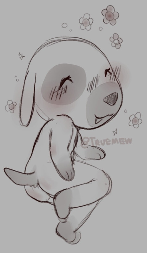 2024 animal_crossing anthro ass big_head biped blush blush_lines canid canine canis cat_smile chibi closed_eyes digital_media_(artwork) domestic_dog emanata female flat_chested flower goldie_(animal_crossing) lying mammal markings nintendo nude open_mouth open_smile paws plant raised_leg smile solo sparkles spots spotted_markings tail truemew