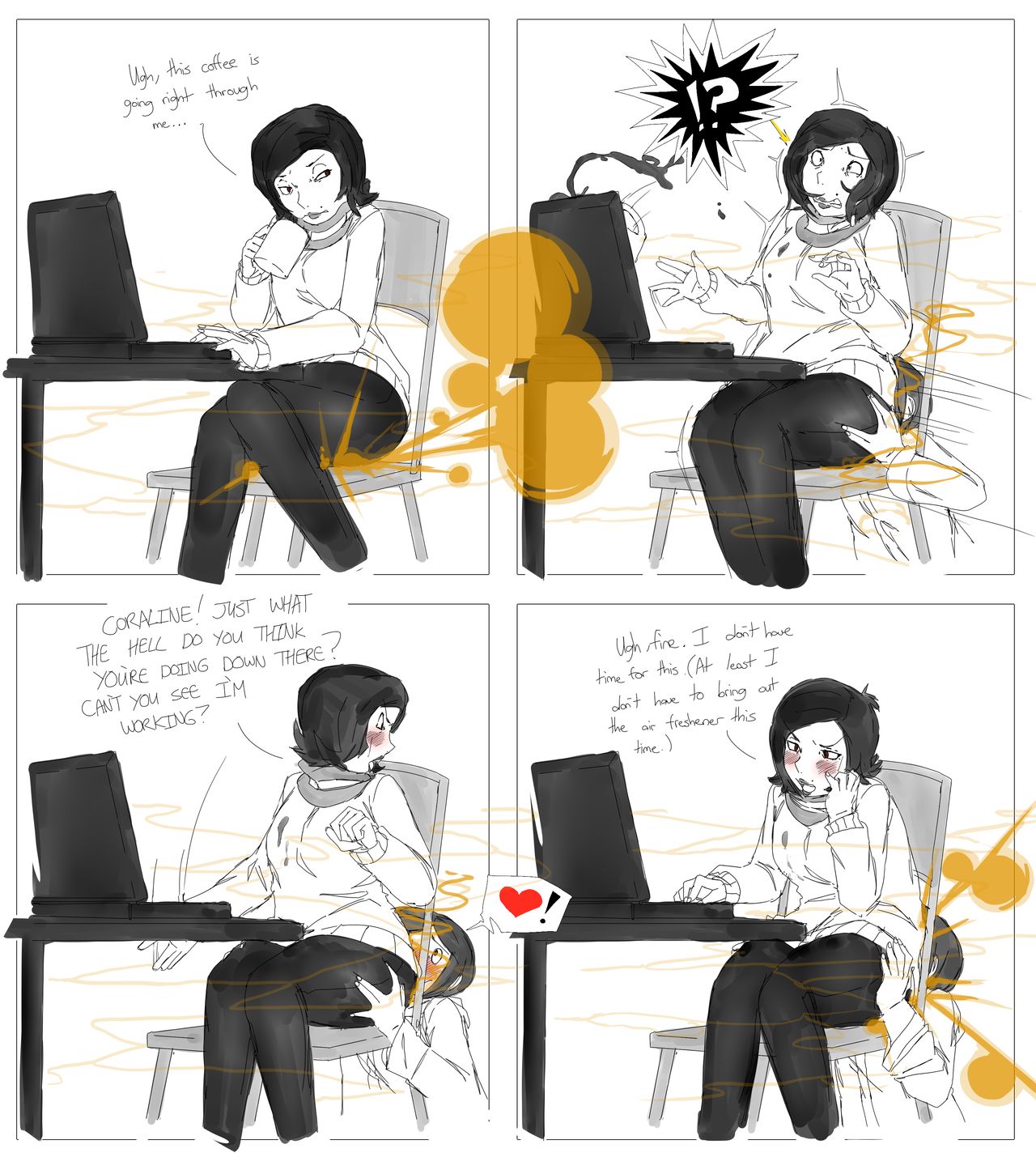 2girls, coraline, coraline jones, enjoying, enjoying farts, face in ass, fart, fart fetish, fart sniffing, farting in face, farting on face, female, heart symbol, incest, lazei, mel jones, milf, monochrome, mother, mother and daughter, sniffing ass, text, text bubble, yuri