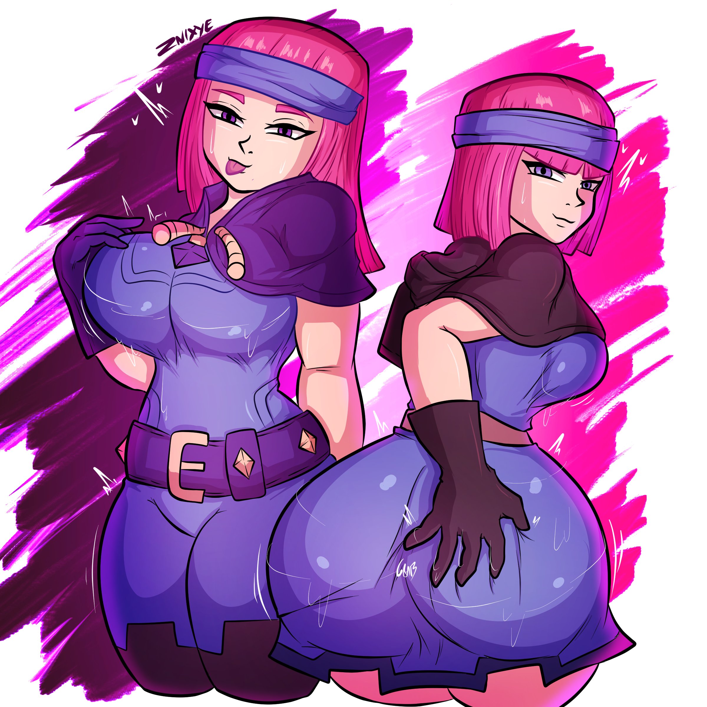 ass, big ass, big breasts, breasts, clash (series), clash royale, evolution firecracker (clash royale), female, firecracker (clash royale), huge ass, huge breasts, petite, petite body, petite female, pink hair, tagme, tight clothing, znixye