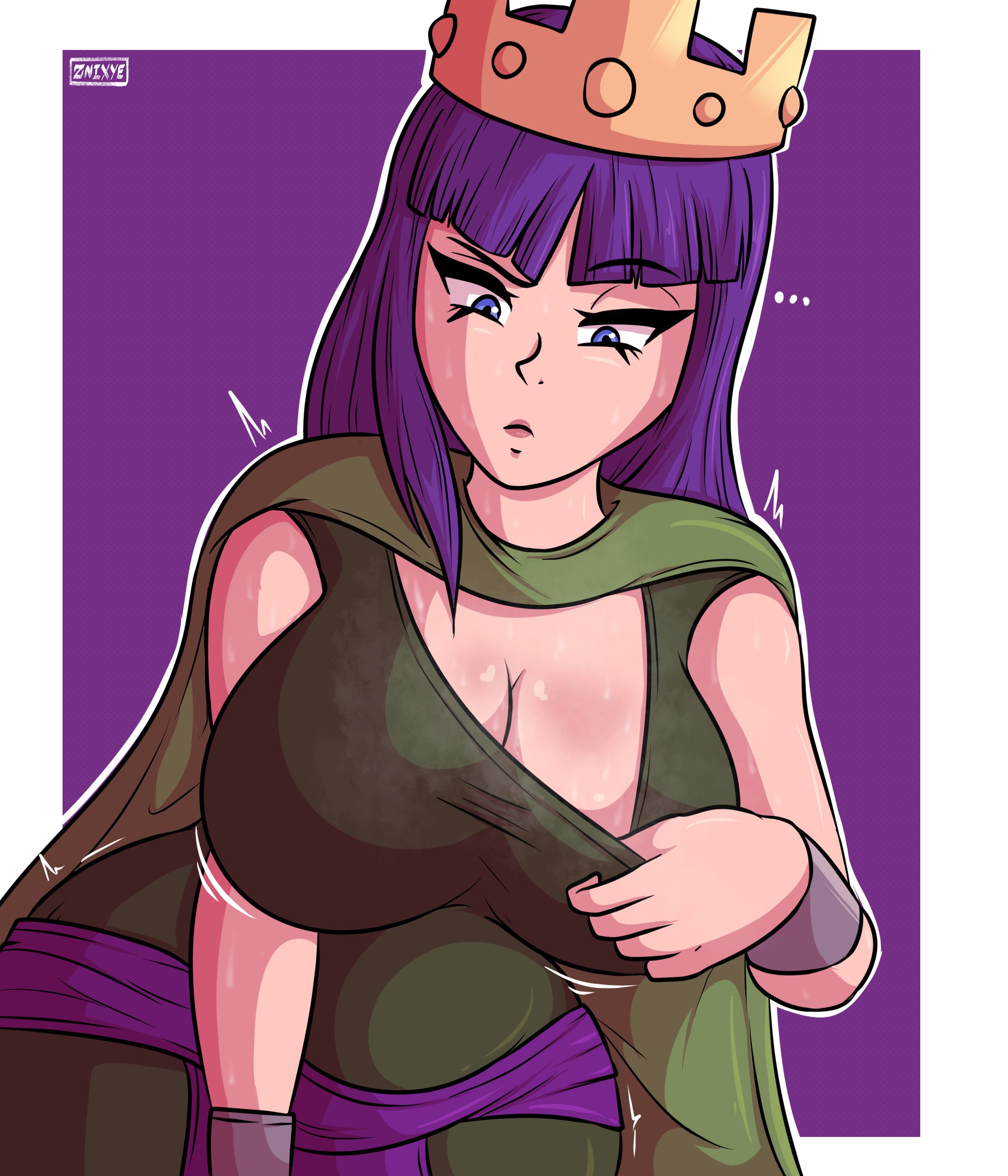 archer queen (clash of clans), big breasts, breasts, clash (series), clash royale, female, purple hair, tagme, znixye