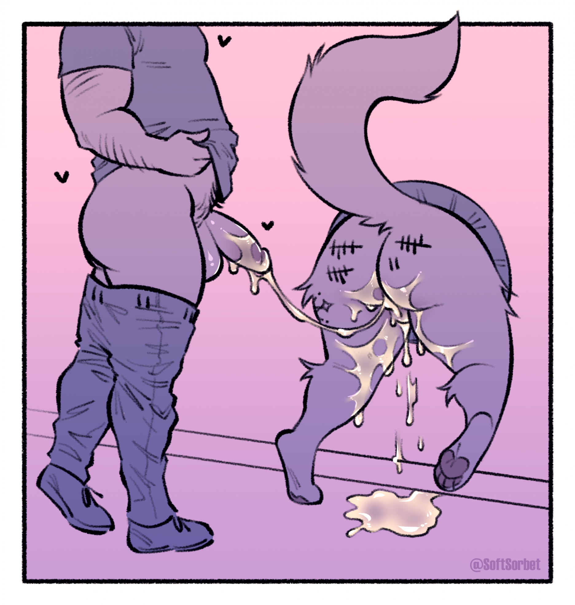 after sex, anthro, ass, balls, big ass, big butt, bodily fluids, clothed, clothed/nude, clothing, cum, cum drip, cum in pussy, cum inside, cum on ass, cum on butt, cum on ground, cum on leg, cum on penis, cum string, cuntboy, cuntboy/male, domestic cat, duo, excessive cum, excessive genital fluids, felid, feline, felis, free use, genital fluids, genitals, glory hole, heart symbol, hi res, human, human on anthro, humanoid penis, intersex, intersex/male, male, mammal, nude, paws, penis, pussy, restricted palette, softsorbet, sorbet (softsorbet), tail, tally marks, thick thighs, through wall, trans (lore), trans man (lore)