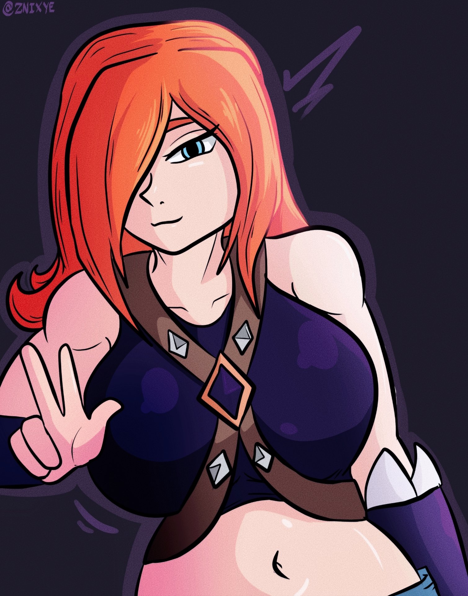 1girls, 2d, 2d (artwork), 2d artwork, alternate hair length, breasts, clash (series), clash royale, evolution valkyrie (clash royale), female, female only, huge breasts, human, looking at viewer, posing, posing for the viewer, revealing clothes, sexy, supercell, wrong eye color, znixye