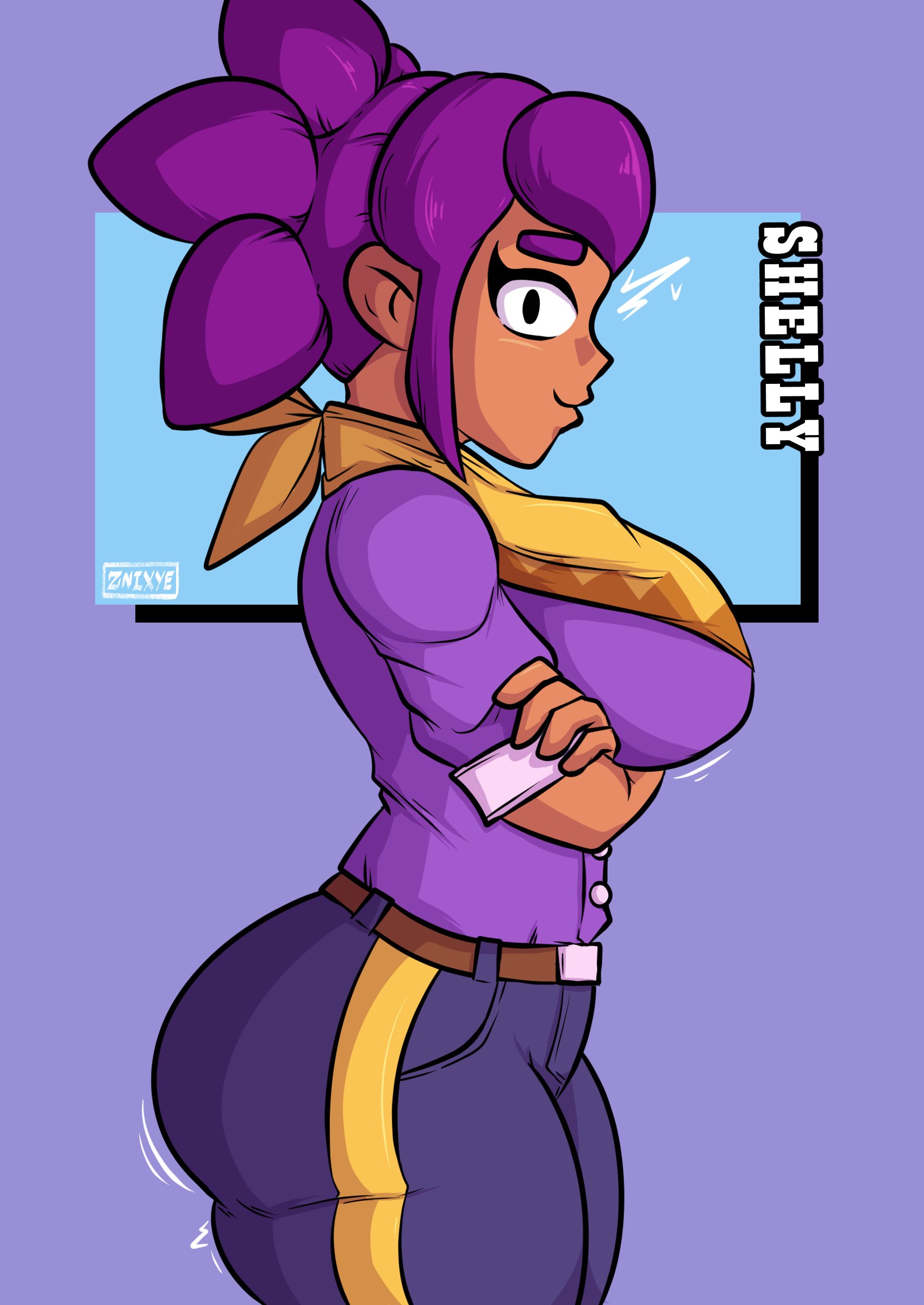 ass, big ass, big breasts, brawl stars, breasts, female, purple hair, shelly (brawl stars), tagme, znixye