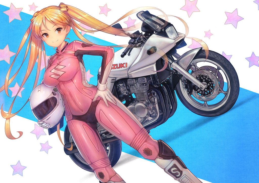 bakuon!! bell biker_clothes blonde_hair breasts brown_eyes clothing female gloves hair hair_bell hair_ornament hand_on_hip headgear helmet jumpsuit long_hair motor_vehicle motorcycle motorcycle_helmet smile solo star starry_background suzunoki_rin tied_hair twintails urokoda vehicle white_gloves