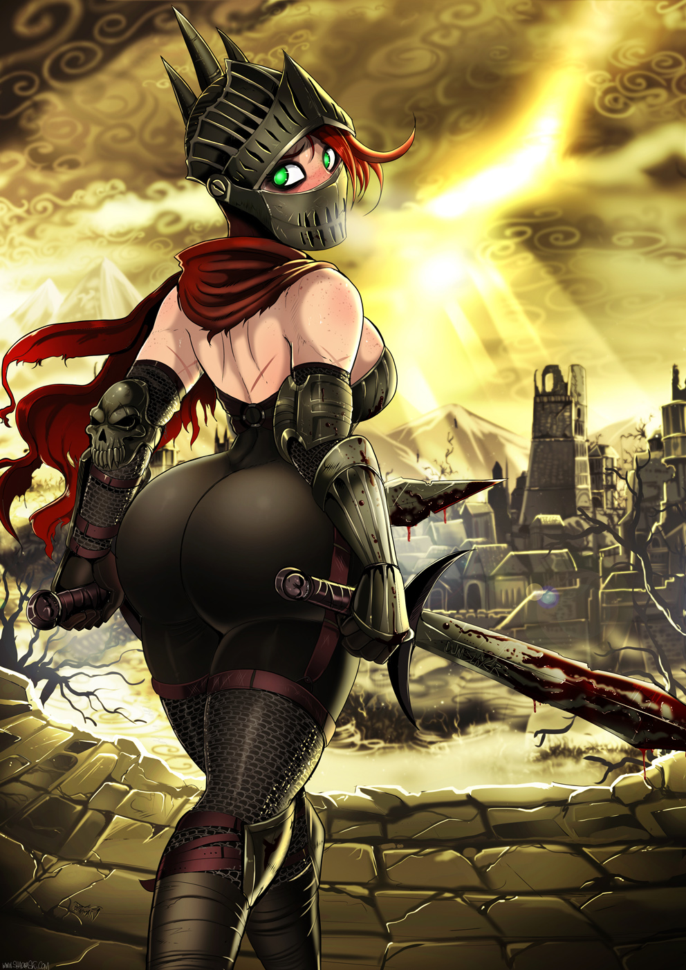 1girls, armor, ashen one, ass, big ass, blood, bubble ass, bubble butt, dark souls, dark souls 3, female, female only, female protagonist, fromsoftware, green eyes, headgear, helmet, huge ass, human, knight, red hair, scar, scars, shadman, solo, sword, weapon
