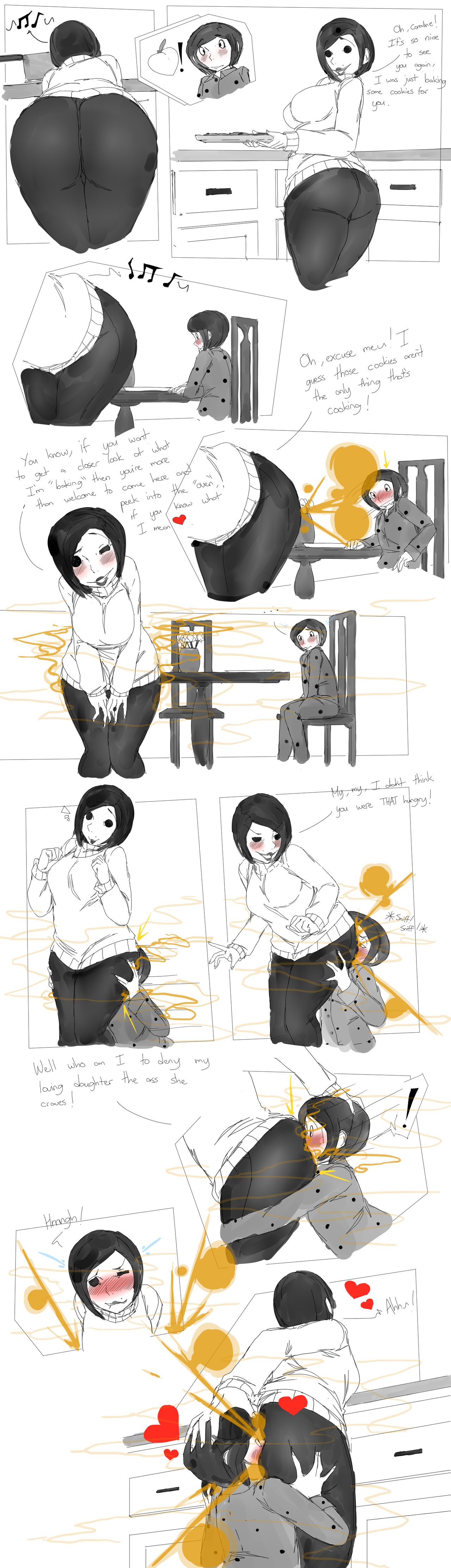 2girls, black hair, coraline, coraline jones, enjoying farts, fart, fart fetish, fart sniffing, farting in face, female, incest, lazei, lingering stench, mother and daughter, other mother