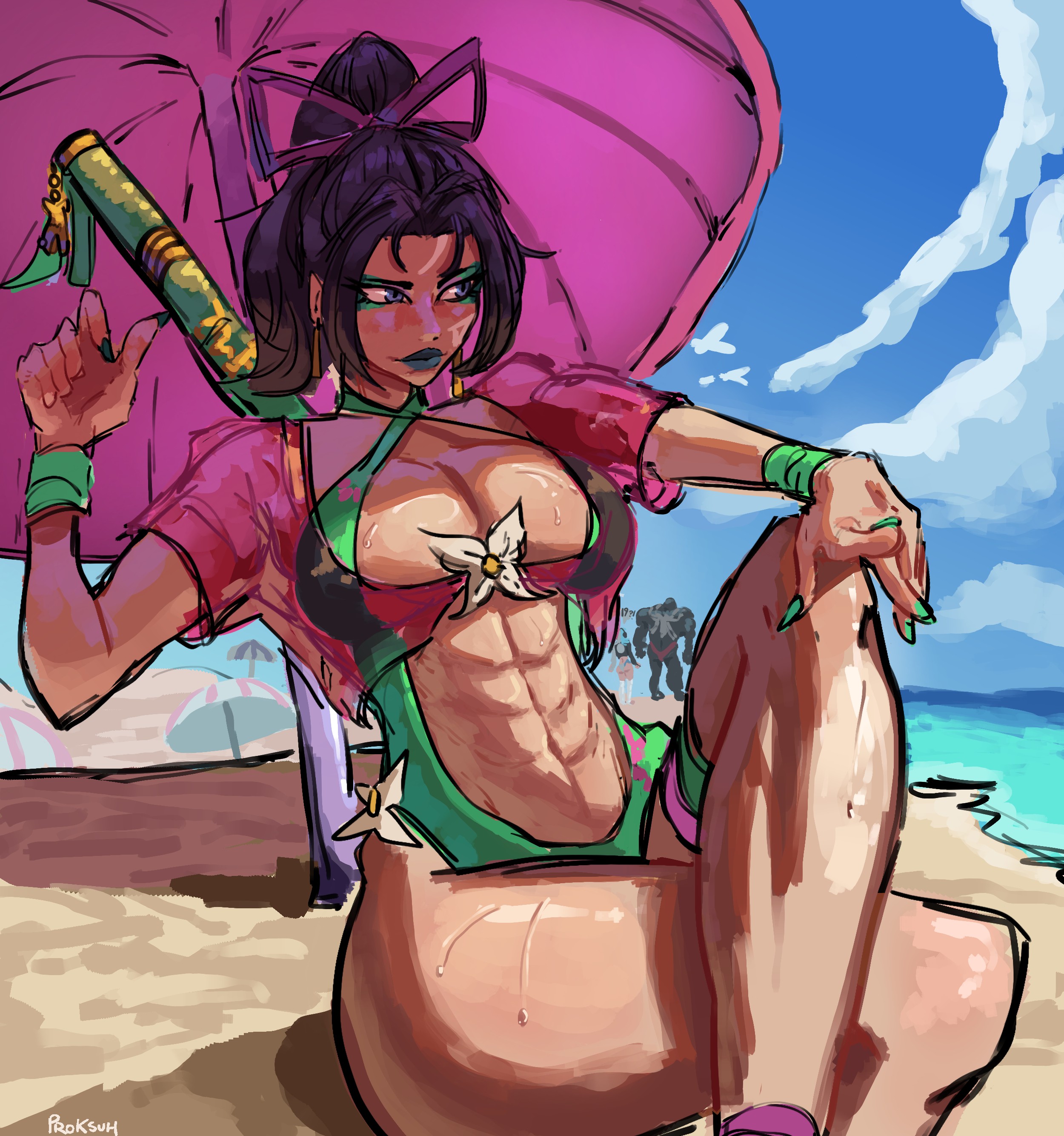 1boy, 2girls, abs, beach, beach umbrella, eyeshadow, female, female abs, green eyeshadow, green lipstick, green nail polish, green nails, lipstick, luna snow, luna snow (cool summer), marvel, marvel comics, marvel rivals, ocean, pinup, ponytail, proksuh, psylocke, psylocke (sai) (breezy butterfly), sea, sitting, solo, solo focus, swimsuit, sword on back, thick thighs, venom (marvel rivals), wristwear
