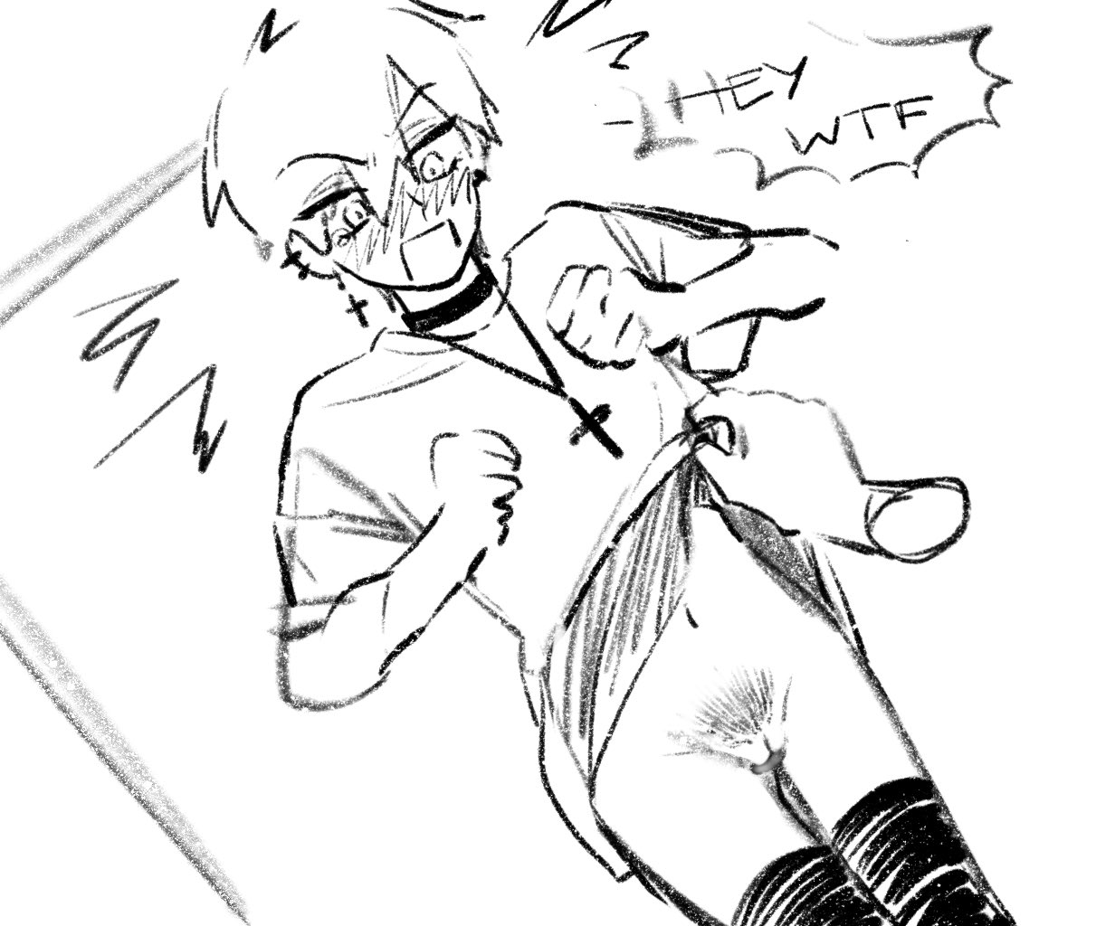 1cuntboy, alien stage, androgynous, blush, cross earrings, cross necklace, cuntboy, earrings, emo, greyscale, intersex, jockemo7089, male, pen mouth, pubic hair, pussy, skirt lift, thighhighs, till (alien stage)