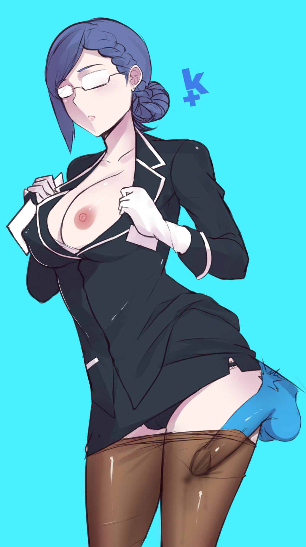 areolae breasts business_suit business_woman clothing disembodied_penis dress_shirt female glasses kairos+ nipples office office_lady one_breast_out panties pantyhose pantyhose_down pencil_skirt penis secretary_(space_patrol_luluco) skirt solo_focus space_patrol_luluco suit undressing