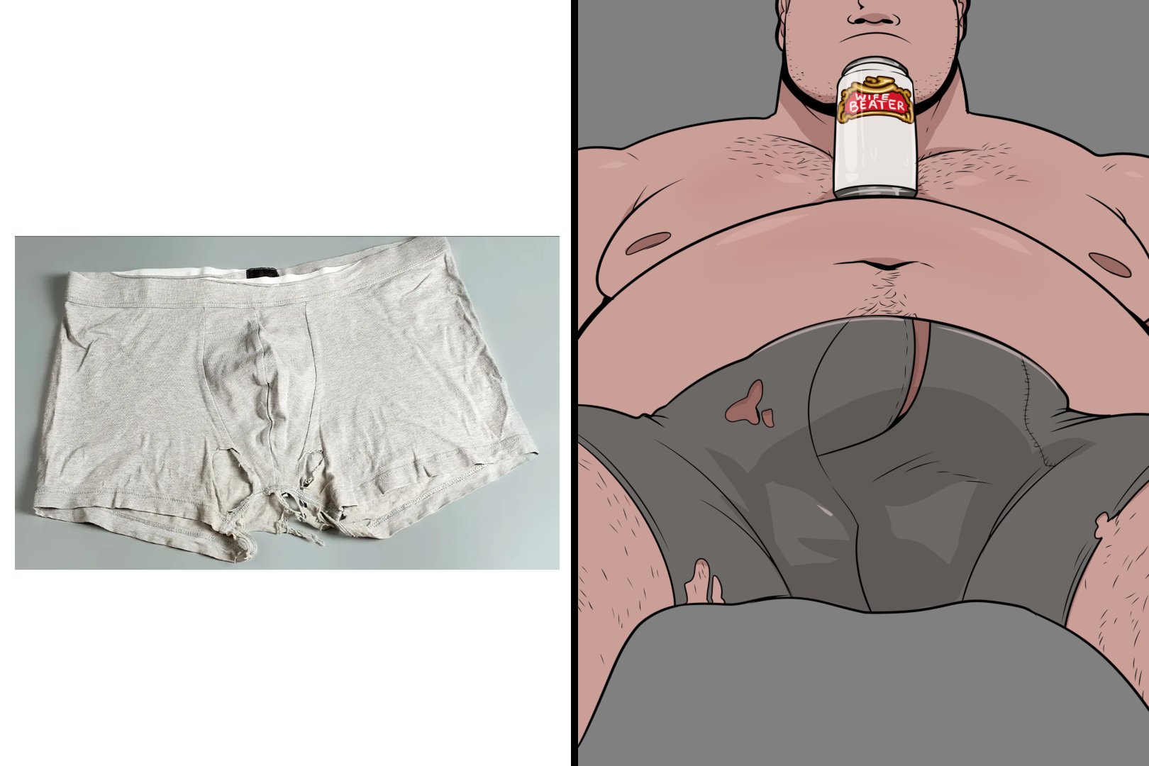 argie (hellonearthiii), beer, big penis, boxers (clothing), bulge, hellonearthiii, male, male only, penis, penis under clothes, ripped boxers, ripped clothing, solo male