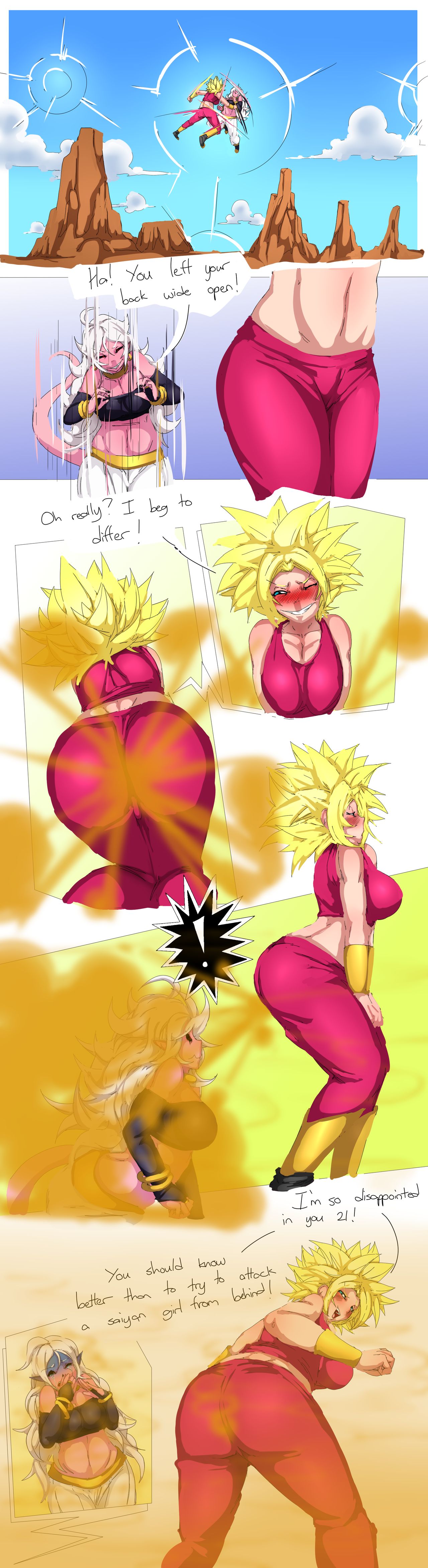 2girls, android 21, blonde female, blonde hair, disgusted, dragon ball, dragon ball super, fart, fart fetish, female, kefla, lazei, pink body, white hair