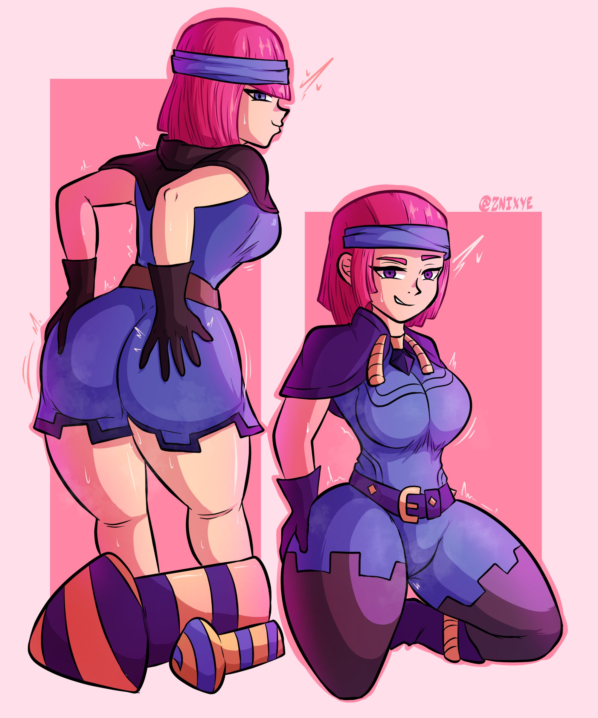 2girls, ass, big ass, big breasts, breasts, clash (series), clash royale, evolution firecracker (clash royale), female, firecracker (clash royale), huge ass, huge breasts, looking at viewer, pink hair, tagme, znixye