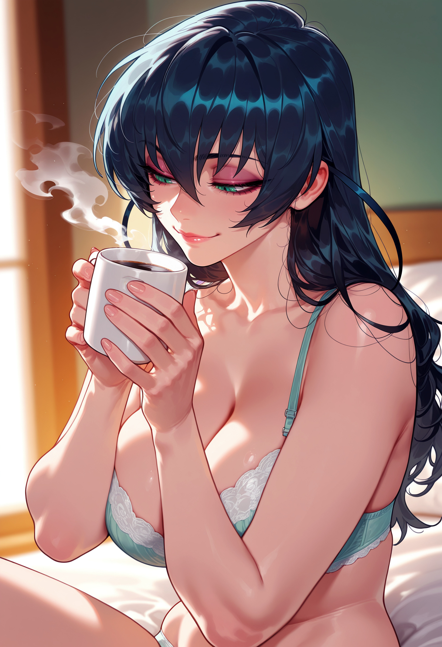 1girls, ai generated, aqua bra, balecxi, bangs, bare shoulders, black hair, blue bra, blue hair, blurry background, bra, breasts, clavicle, cleavage, closed mouth, clothing, coffee, coffee mug, collarbone, cup, curvaceous, curvaceous female, curvaceous figure, curvy, curvy figure, eyeshadow, female, female focus, female only, fingernails, green bra, green eyes, green panties, hair between eyes, half-closed eyes, holding, holding cup, igawa asagi, indoors, inviting, large breasts, lips, long hair, looking down, makeup, mug, on bed, panties, pink lips, presenting, presenting ass, presenting breasts, presenting hindquarters, presenting self, seductive, seductive look, seductive smile, sitting, smile, solo, steam, taimanin (series), taimanin asagi, taimanin asagi battle arena, taimanin rpgx, underwear, underwear only, voluptuous, voluptuous female, window