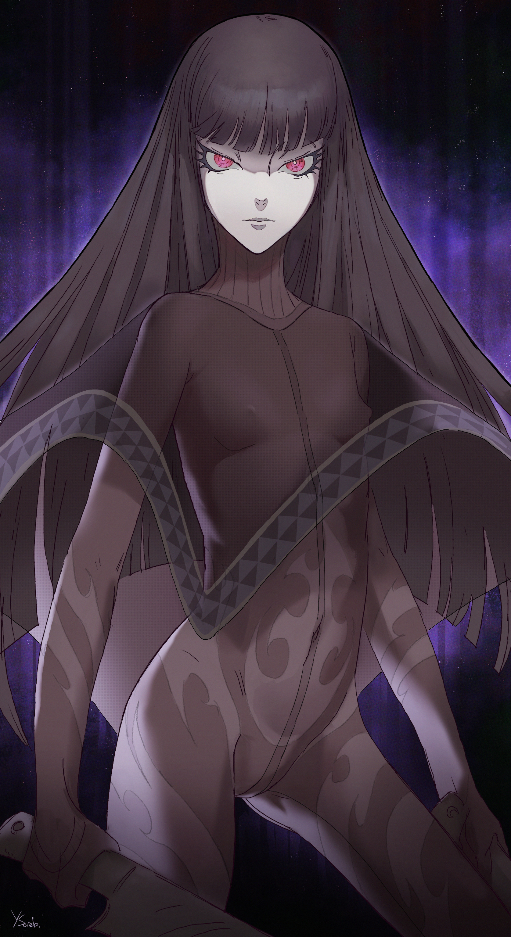 1girls, atlus, black bodysuit, black hair, blunt bangs, bodystocking, bodysuit, breasts, female, female focus, female only, flat chest, full body suit, grey skin, hime cut, knife, light skin, light-skinned female, long hair, megami tensei, nipples, nipples visible through clothing, pale skin, pale-skinned female, perky nipples, poncho, red eyes, shin megami tensei, shin megami tensei iv, shin megami tensei iv final, skin tight, skin tight suit, small breasts, solo, solo female, solo focus, tight bodysuit, tight clothing, tight fit, tiny breasts, toki (shin megami tensei iv final), translucent, translucent clothing, yserebryakov