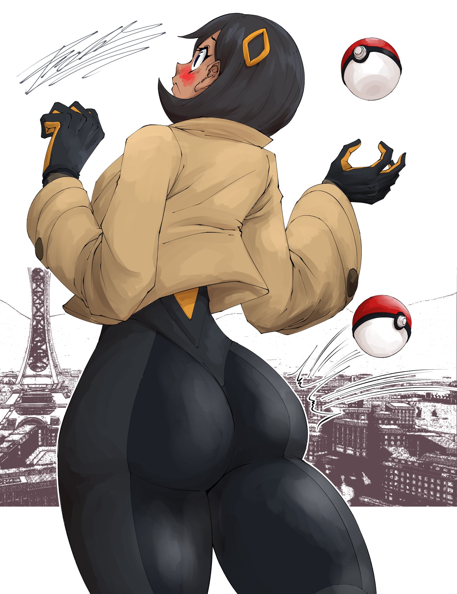 artdawgsama, ass, ass focus, black hair, blush, bodysuit, dark skin, embarrassed, emma (pokemon), female, from behind, game freak, gloves, highres, huge ass, jacket, matiere (pokemon legends: z-a), matiere (pokemon), nintendo, pokemon, pokemon legends: z-a, purple eyes, short hair, skin tight, solo
