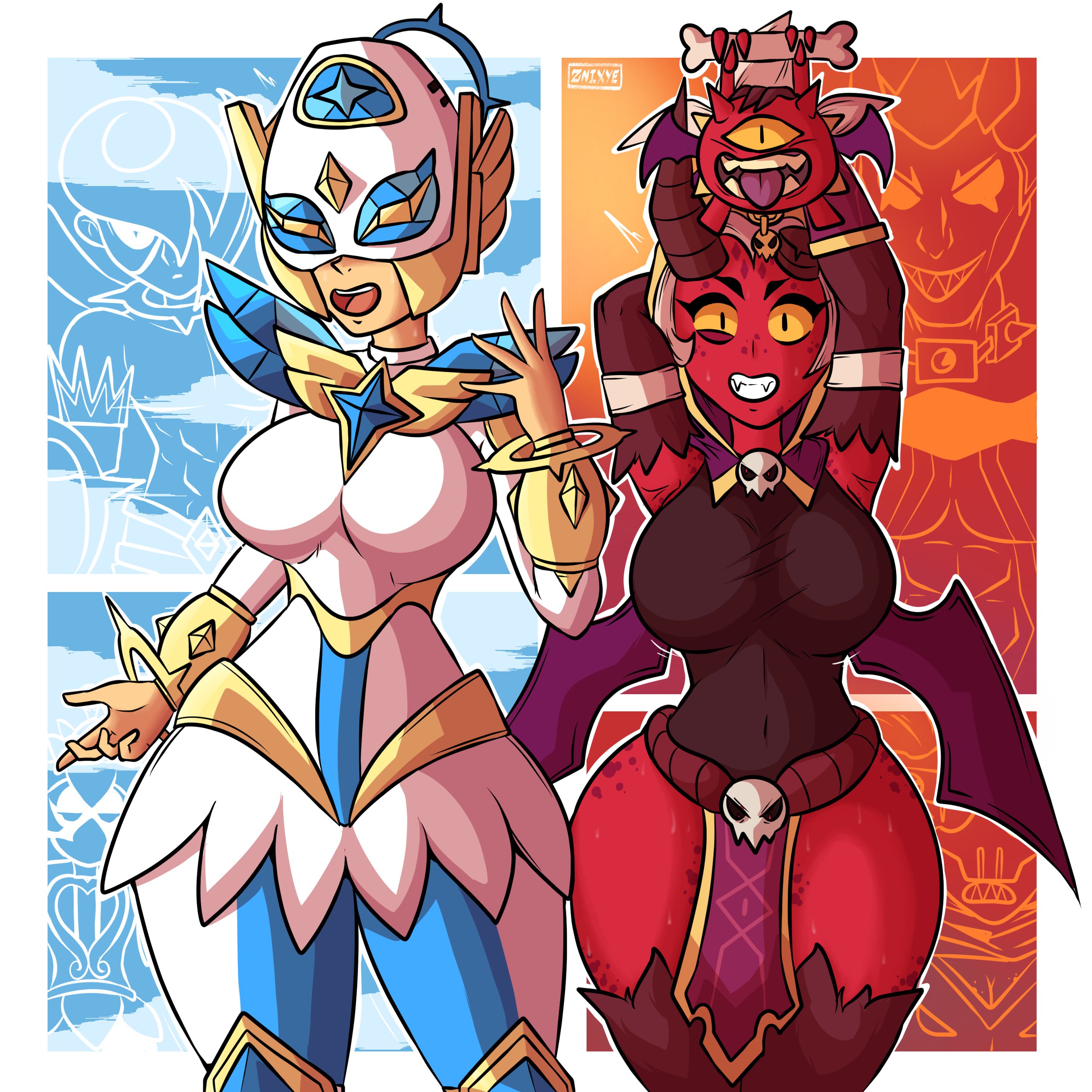 angel max (brawl stars), big breasts, brawl stars, breasts, demon willow (brawl stars), female, max (brawl stars), red skin, tagme, white hair, willow (brawl stars), znixye