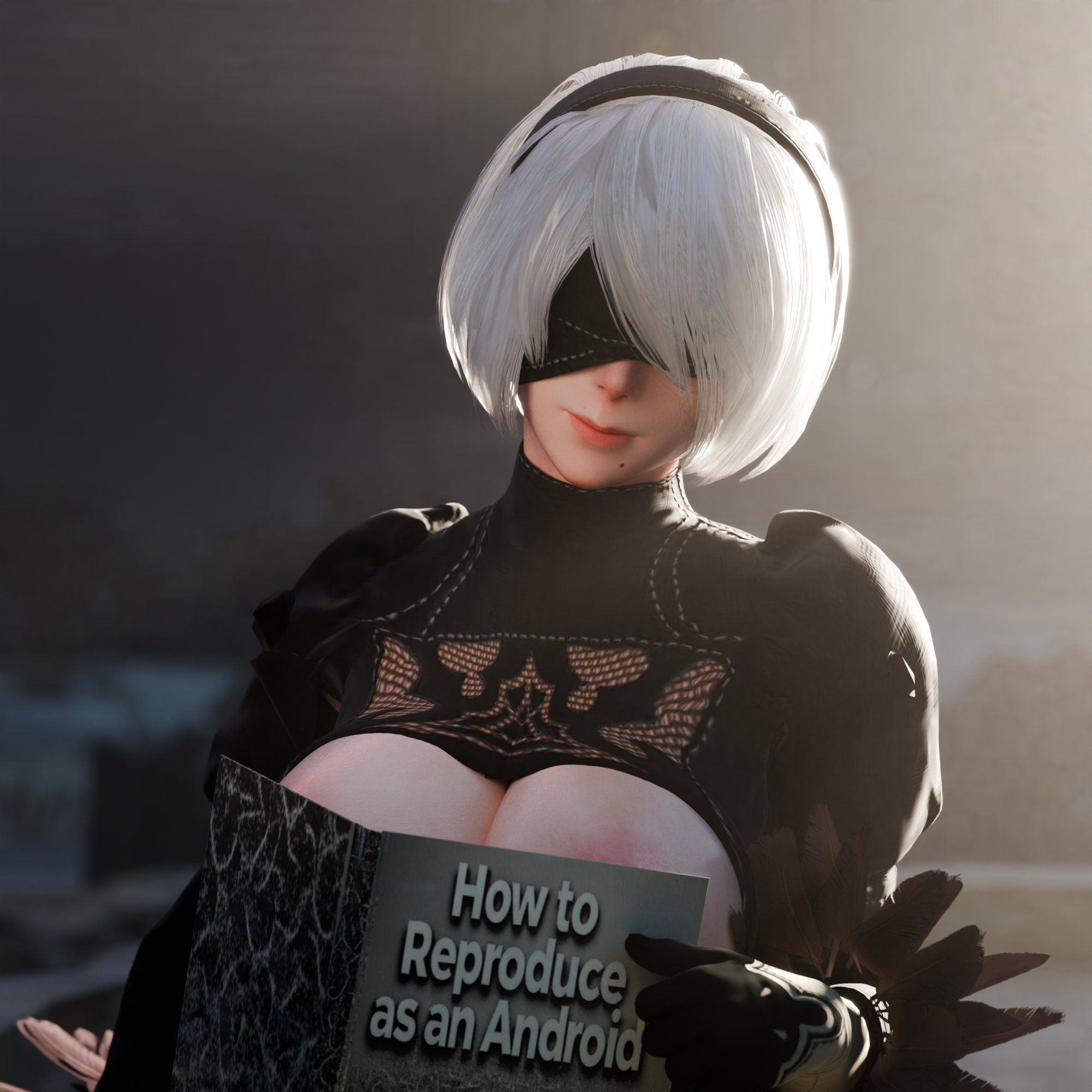 1girls, 3d, areola slip, blindfold, book, breasts, bubblebubbleb, busty, cleavage, female, female focus, female only, large breasts, light skin, light-skinned female, meme, meme reference, mole, mole under mouth, nier (series), nier: automata, ouch meme, pale skin, pale-skinned female, short hair, white hair, yorha 2b