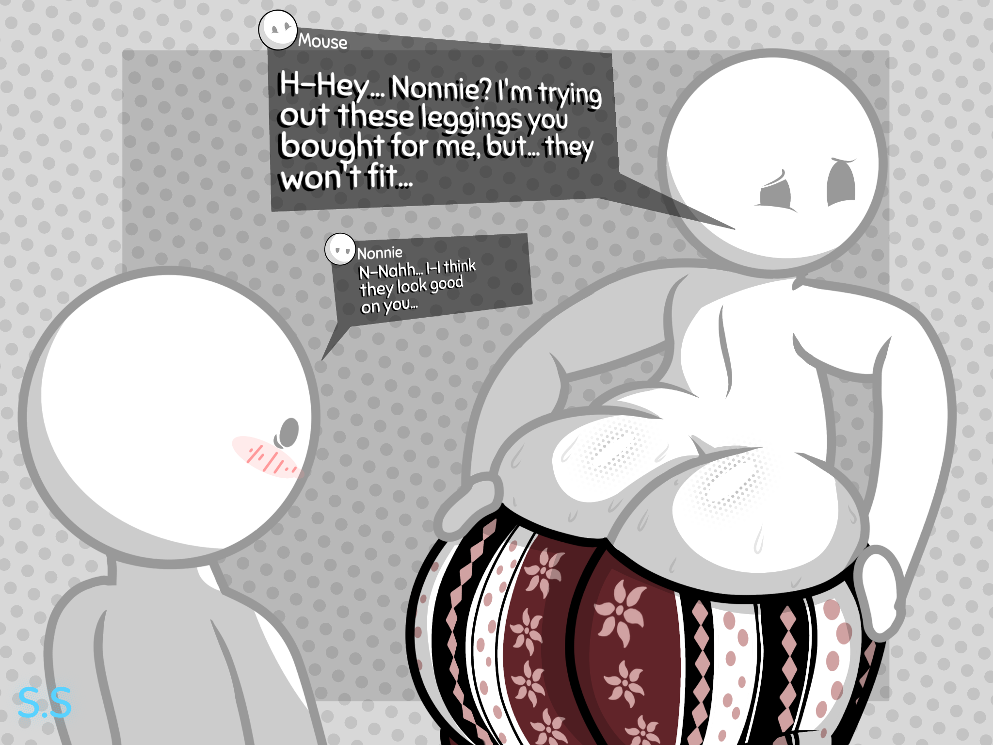 anon, ass, ass awe, big ass, big butt, blush, dialogue, fat ass, fat butt, forbidden pants, huge ass, male, male only, male/male, mouse (sci-salandre), nonnie (sci-salandre), original, original character, sci-salandre, simple background, surprised, sweat, sweatdrop, sweating, sweaty, text