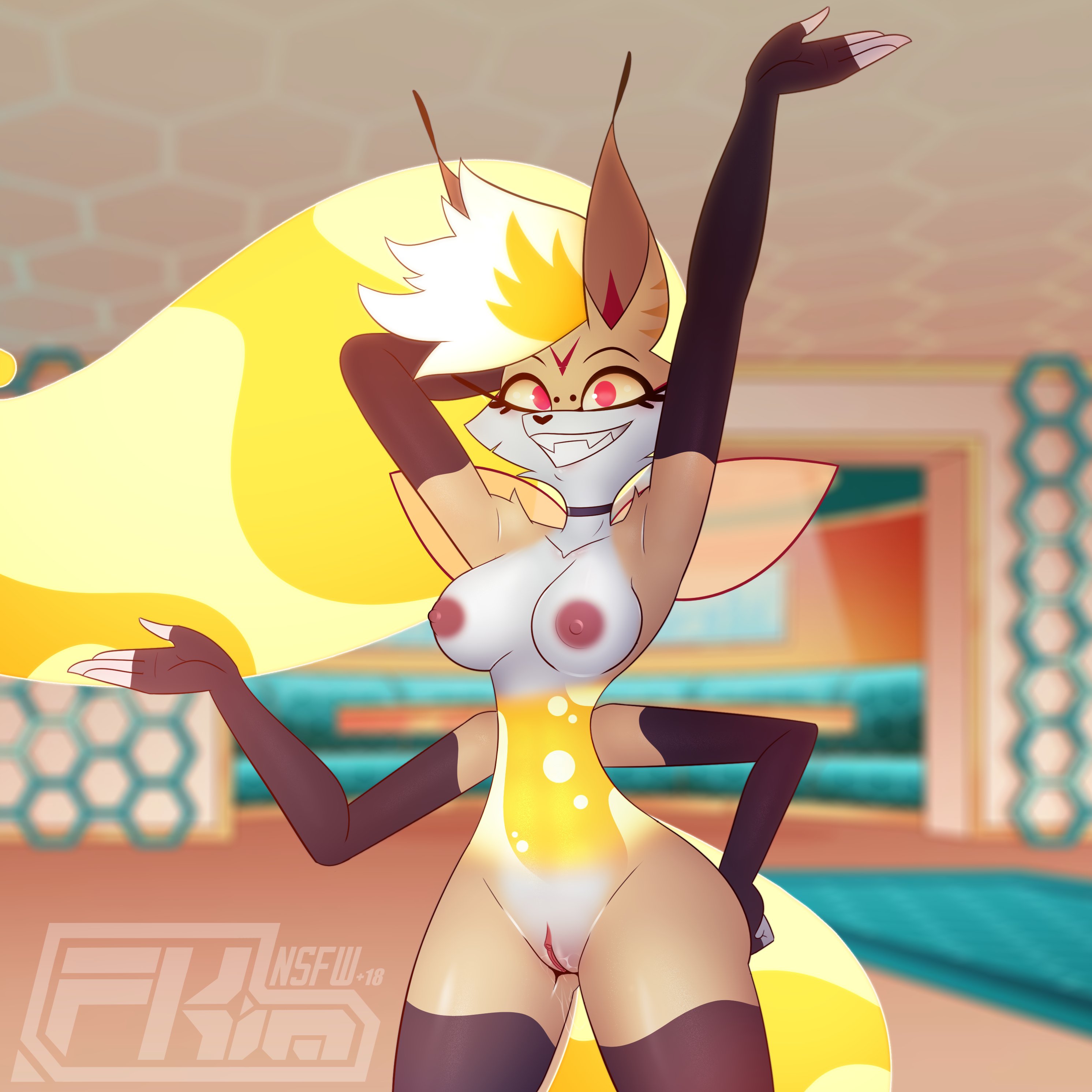 1girls, areolae, big ass, breasts, completely nude, demon, exhibitionism, female, fkimnsfw, helluva boss, large breasts, looking at viewer, nipples, nude, nude female, public, public nudity, pussy, pussy juice, pussy juice drip, queen bee-lzebub (helluva boss), solo, solo female, solo focus, vagina