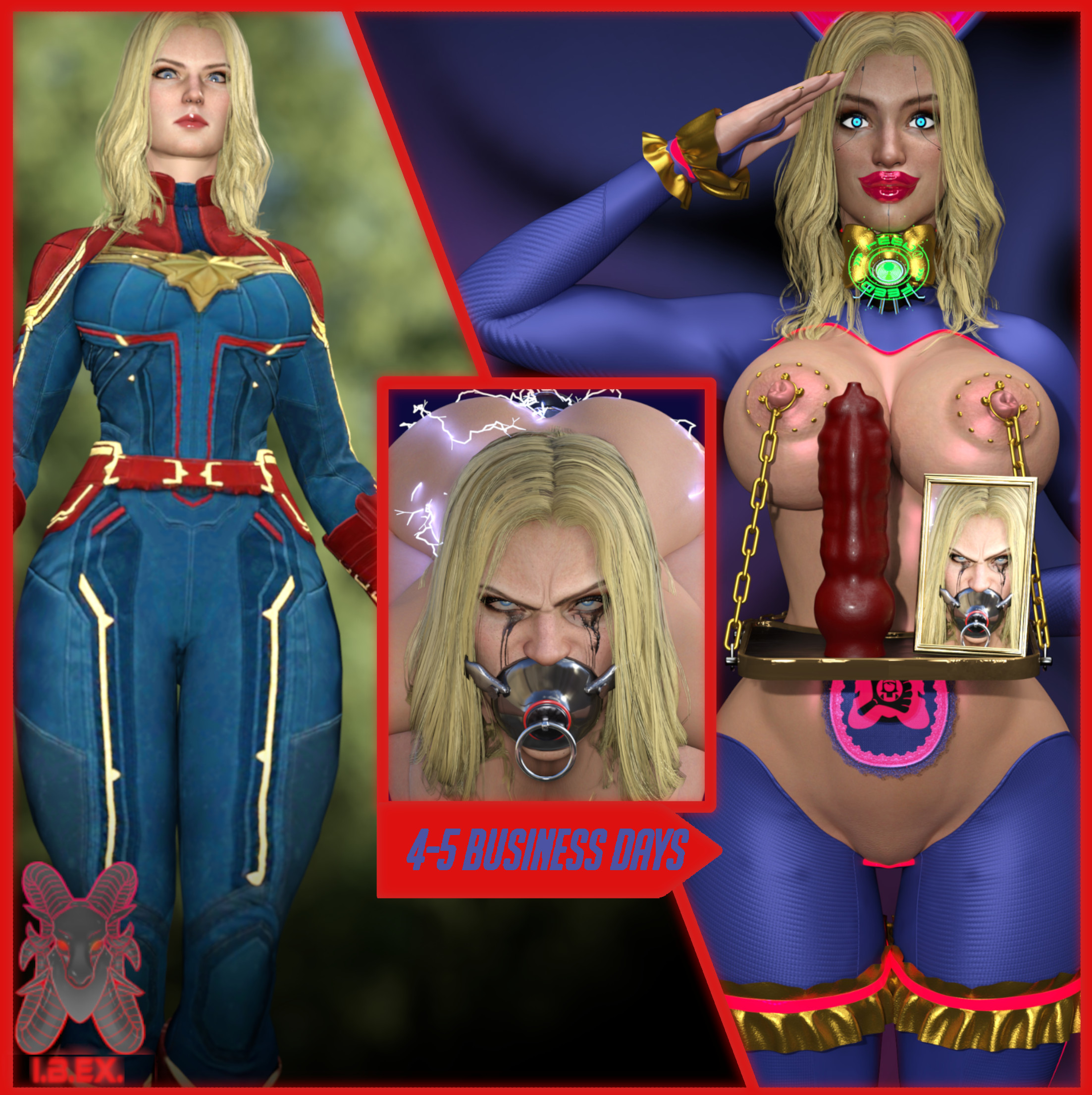 ass, big ass, big breasts, body modification, bodysuit, breasts, captain marvel, corruption, drone, dronification, female, ibex (company), ibex-cg, maid, maid headdress, marvel, marvel cinematic universe, marvel comics, mind break, mind control, transformation