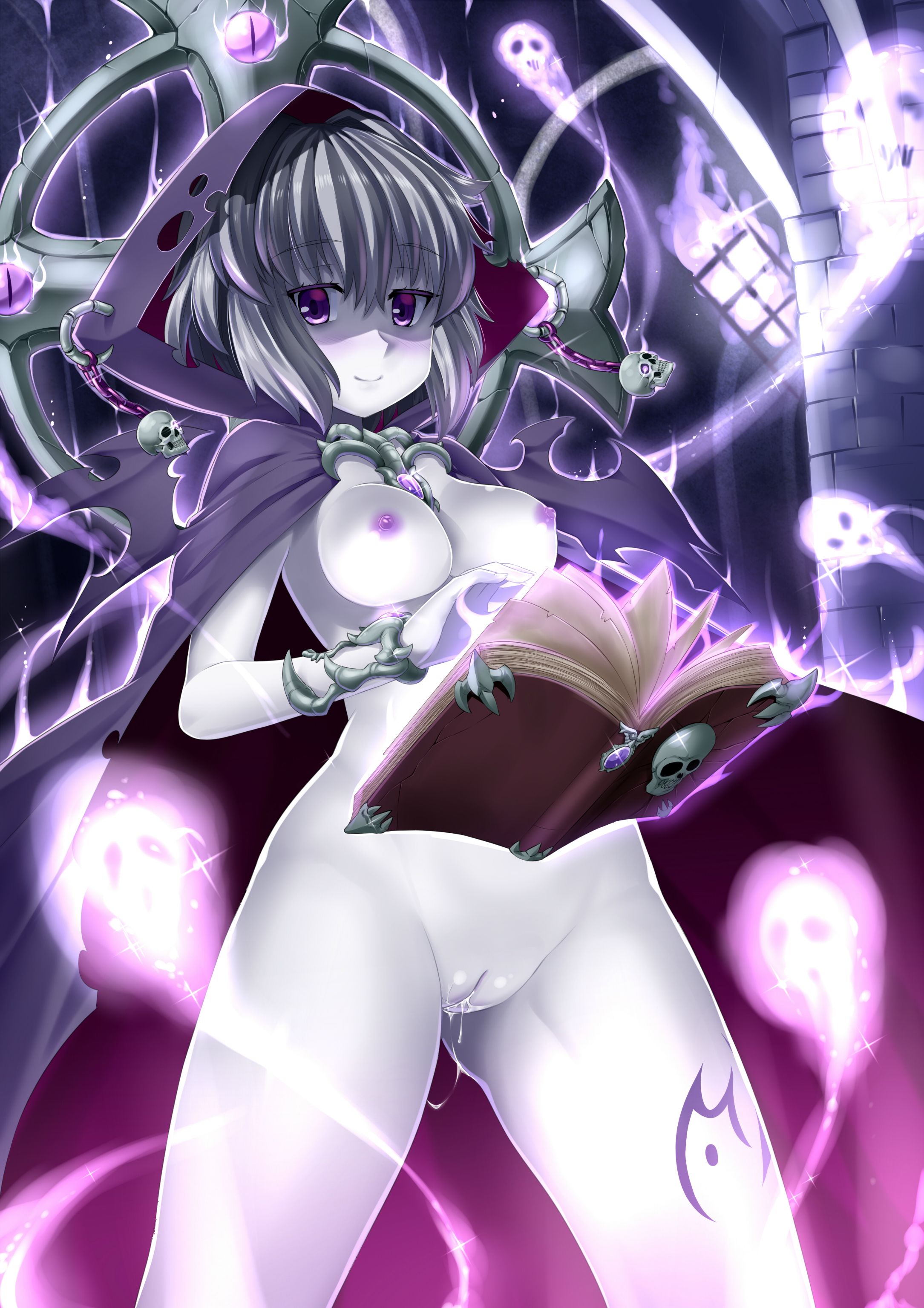 1girls, absurdres, book, breasts, butter-t, female, grey hair, highres, lich (monster girl encyclopedia), magic, monster girl encyclopedia, naked, purple eyes, purple nipples, pussy, pussy juice, shaved pussy, smile, tagme, undead, white skin