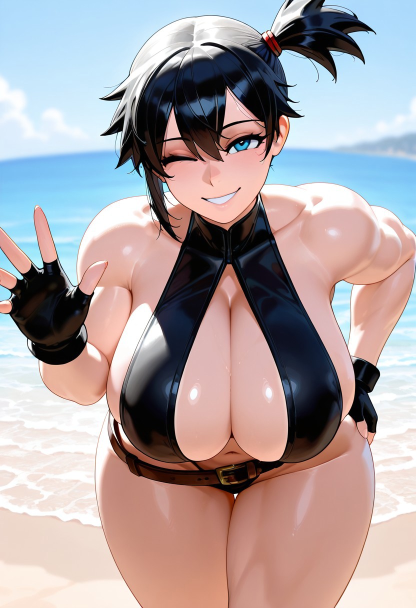 1girls, ai generated, ai-created, asian, asian female, ass, asymmetrical hair, bangs, bare shoulders, beach, belt, bent over, bikini, black bikini, black gloves, black hair, black swimsuit, blue eyes, blue sky, blush, breasts, clavicle, cleavage, clothing, cloud, curvaceous, day, female, female only, fingerless gloves, gloves, grin, gym leader, hair between eyes, hand on hip, huge ass, huge breasts, kasumi (pokemon), large ass, large breasts, leaning forward, looking at viewer, misty (pokemon), misty (the electric tale of pikachu), muscles, navel, ocean, one eye closed, outdoors, pokemon, pokemon (species), pokemon character, pokemon: the electric tale of pikachu, ponytail, sand, shiny skin, short hair, short shorts, shorts, side ponytail, sky, smile, solo, standing, swimsuit, the electric tale of pikachu, thick ass, thick thighs, thigh gap, thighs, tied hair, water, wide hips, wink