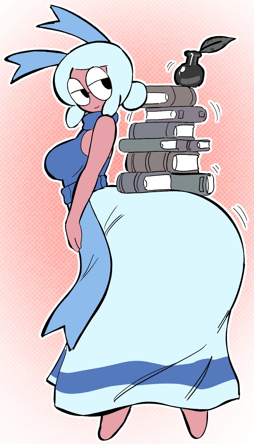 1girls, angstrom, ass, ass bigger than head, ass bigger than torso, ass in dress, big ass, blue hair, bottom heavy, breasts, bubble butt, clothing, dress, fat ass, female, female only, glasses, huge ass, hyper, hyper ass, large ass, librarian, massive ass, object on ass, red skin, solo, thick ass, thick thighs, thunder thighs, wide hips