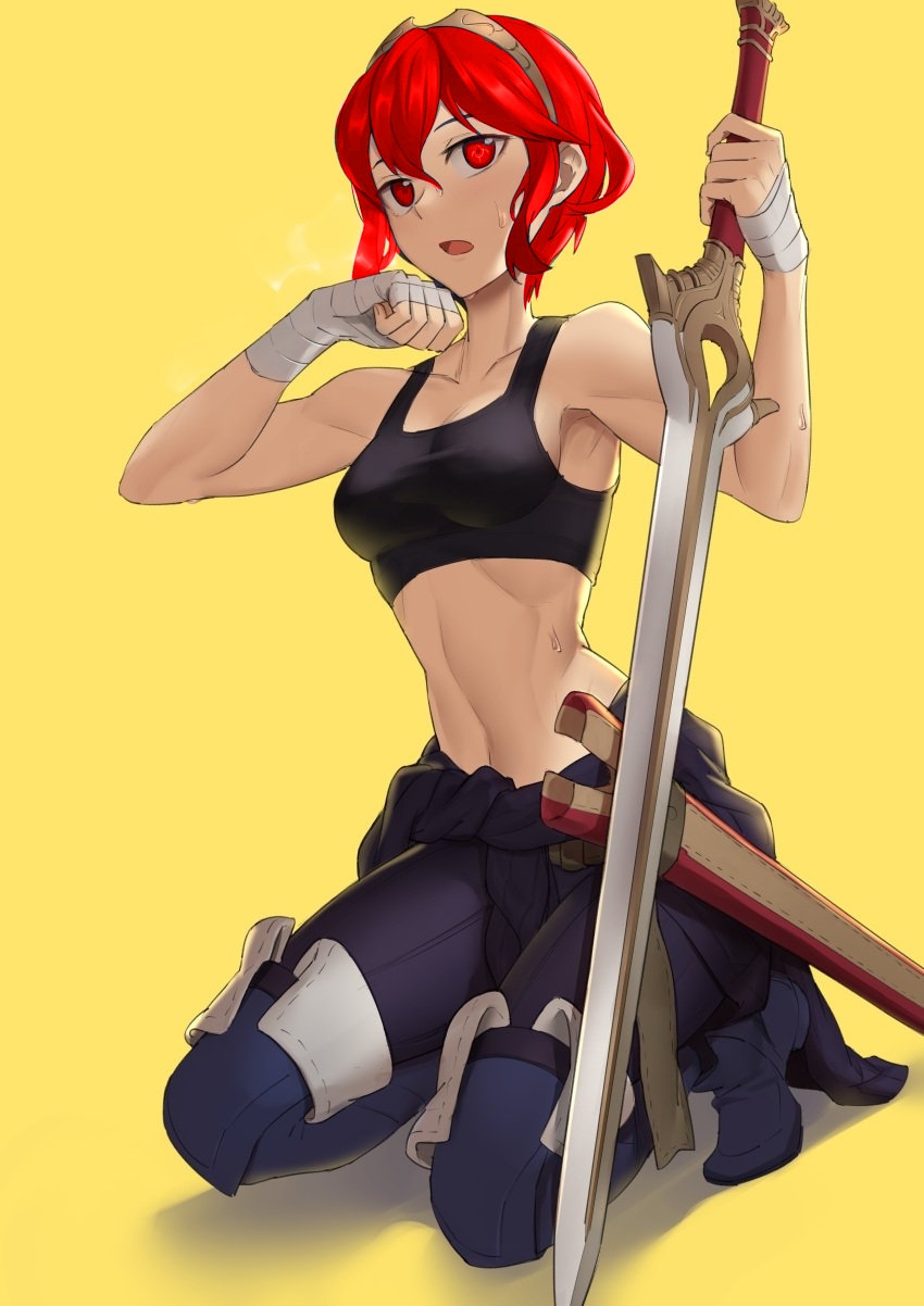 bare arms, bare midriff, bare shoulders, black bra, breasts, color edit, ebinku, falchion (fire emblem), female, female only, fire emblem, fire emblem awakening, gloves, hair between eyes, human, human only, lucina (fire emblem), nintendo, pants, red eyes, red hair, shirtless, short hair, short red hair, small breasts, solo, solo female, sports bra, sweat, sweating, sword, toned, toned female, weapon, workout, workout clothes