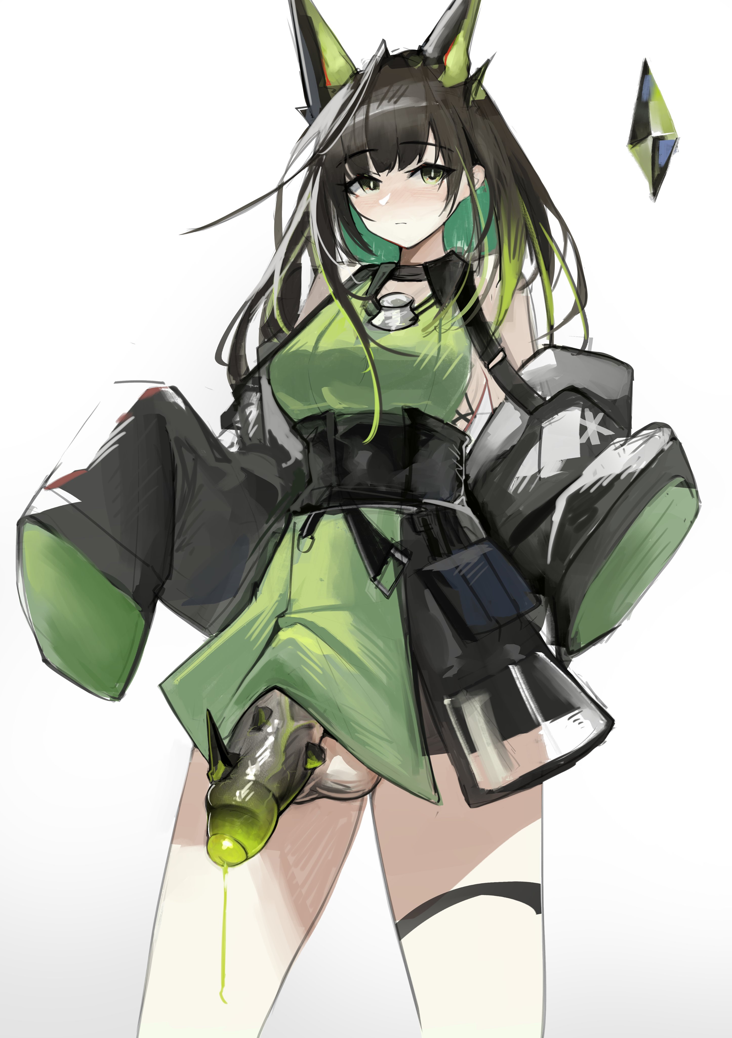 absurdres, animal ears, arknights, balls, black hair, cat ears, closed mouth, cowboy shot, dress, female, foreskin, futanari, green dress, green eyes, green hair, highres, intersex, krirk, large balls, large penis, large testicles, long hair, looking at viewer, mon3tr (arknights), monster cock, multicolored hair, oripathy lesion (arknights), penis, precum, sleeves past fingers, sleeves past wrists, solo, streaked hair, testicles, tight foreskin, uncensored, uncircumcised, white background