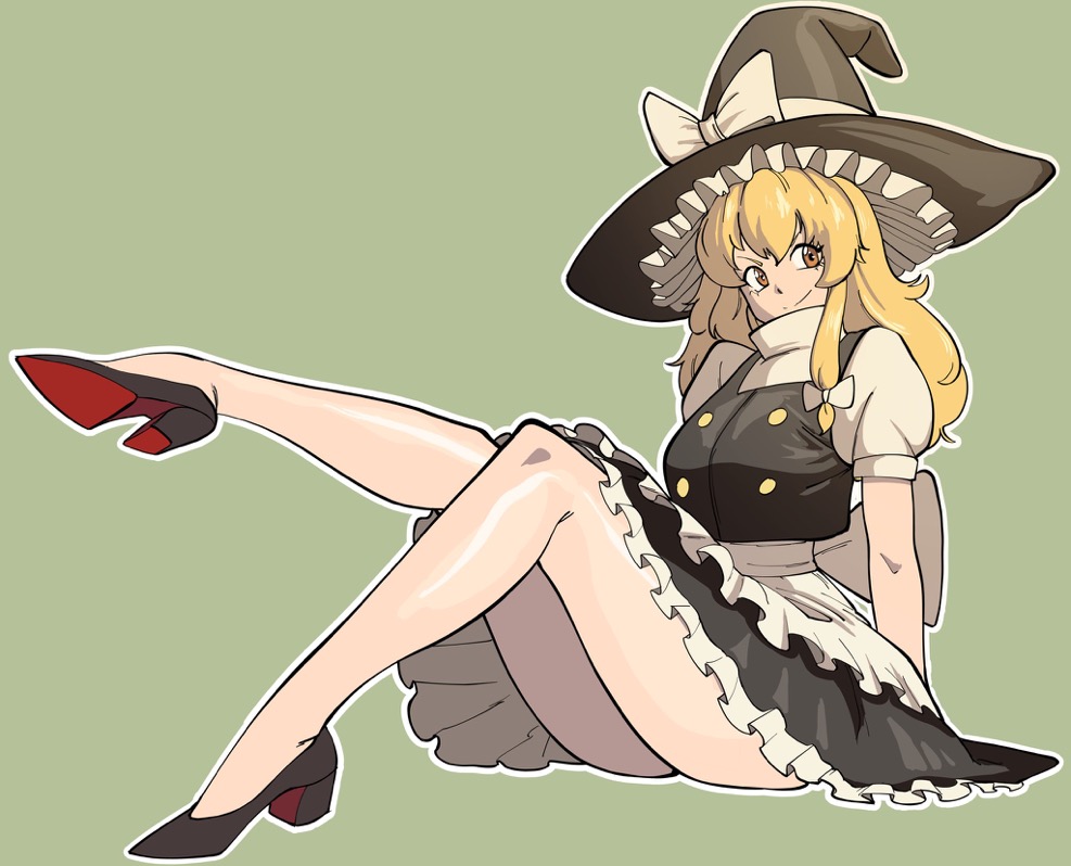 1girls, ass, big breasts, breasts, dress, dress lift, female, heels, leg up, legs, looking at viewer, marisa kirisame, octavius dp, on bottom, sitting, sitting down, smile, sole female, thick thighs, thighs, touhou