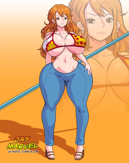 ass, bikini, breasts, brown eyes, clothing, female, female only, high heels, huge ass, huge breasts, jay-marvel, long hair, nami (one piece), one piece, orange hair, staff, thick lips, thick thighs, voluptuous