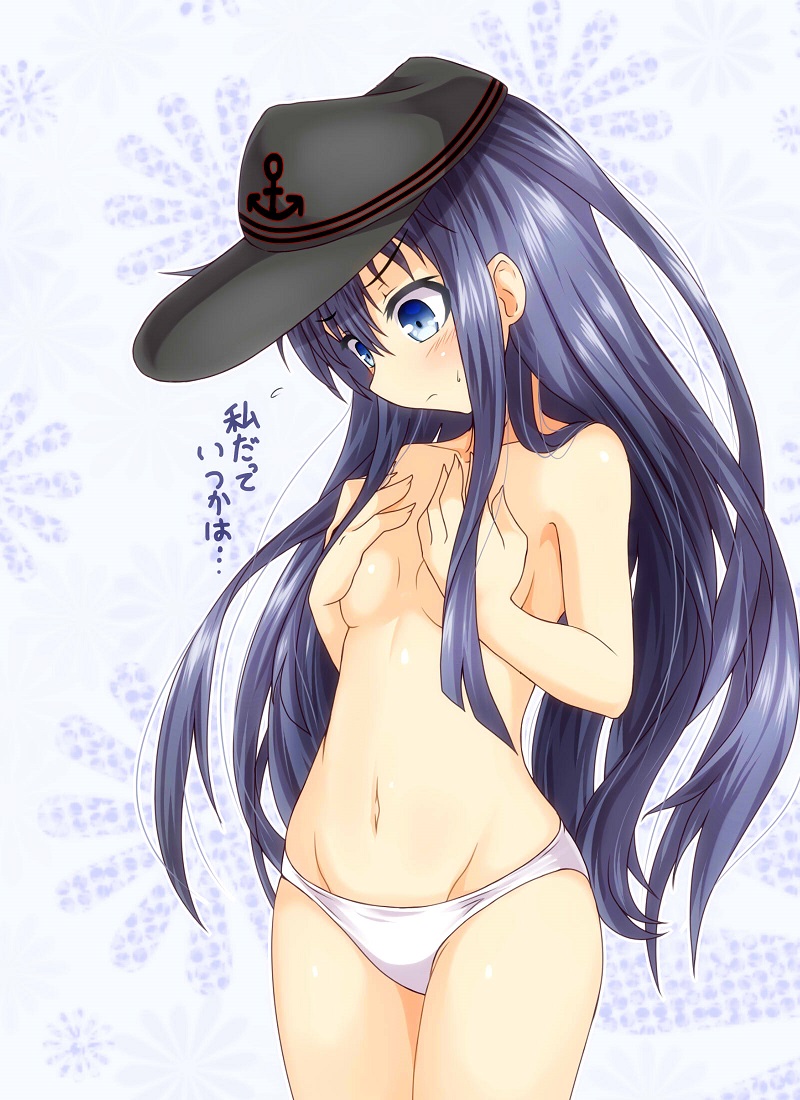 akatsuki_(kantai_collection) anchor_symbol black_hair blue_eyes blush breast_conscious breast_hold breasts colored female flat_cap flying_sweatdrops g_(desukingu) g_(genesis1556) hair hat headgear kantai_collection long_hair navel panties panties_only purple_hair remodel_(kantai_collection) simple_background small_breasts solo sweatdrop text topless translation_request underwear underwear_only white_panties