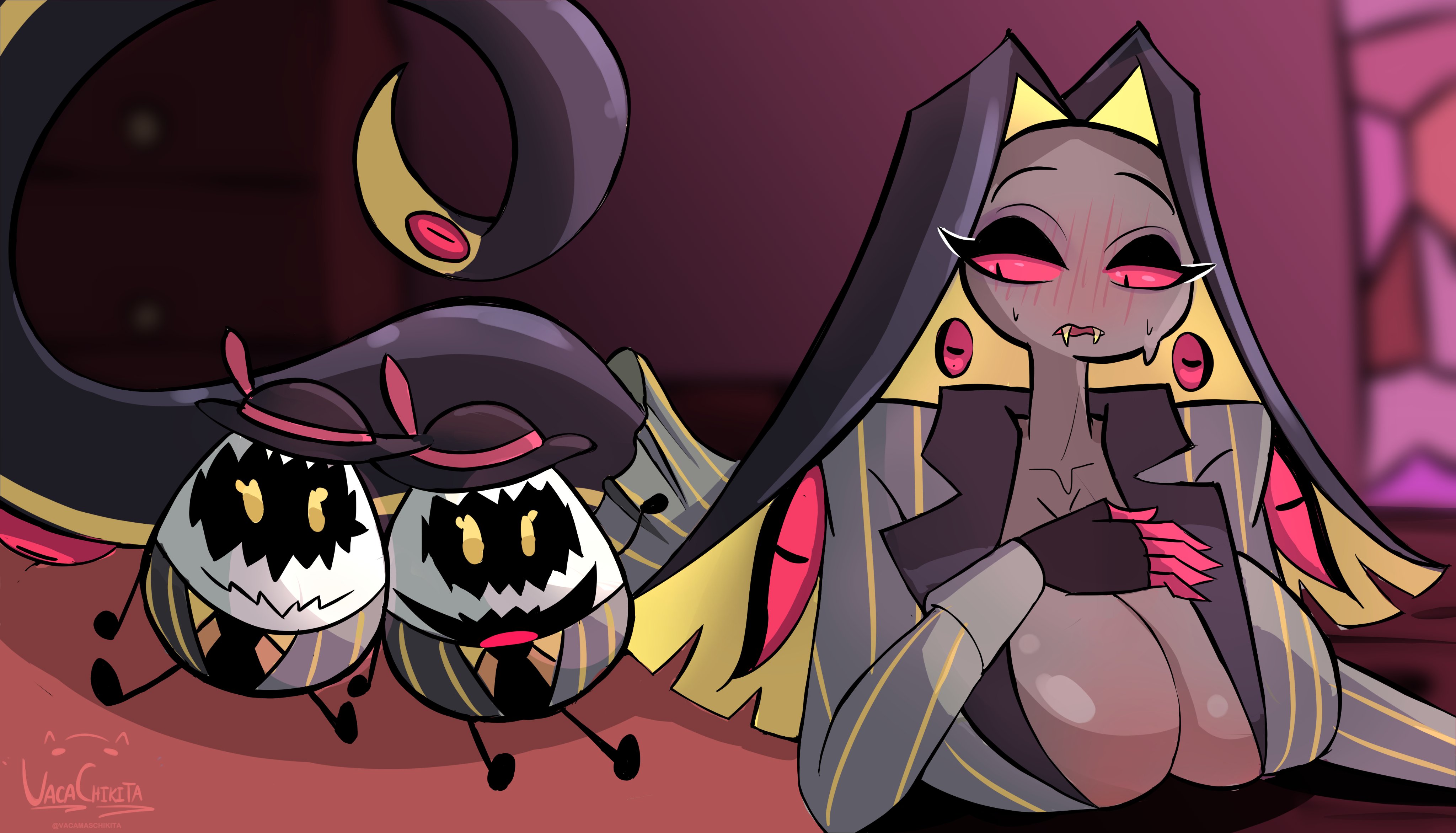 big ass, big breasts, big butt, big thighs, big titties, breasts, curvy, curvy figure, curvy hips, egg boi (hazbin hotel), female, female focus, female only, hazbin hotel, long hair, rule 63, sir pentious (hazbin hotel), tagme, vacachikita